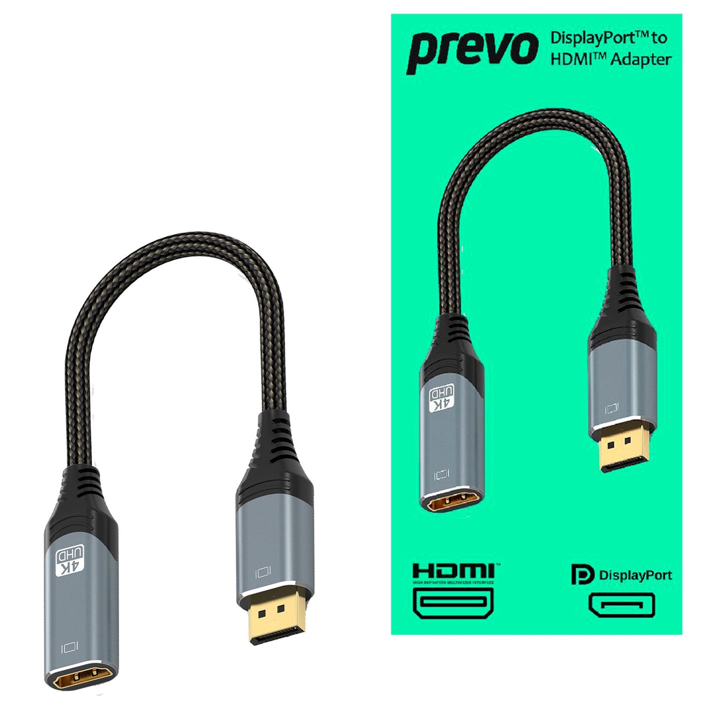 Prevo DPM-HDMIF-ADA Display Converter Adapter, DisplayPort (M) to HDMI (F), 0.2m, Black & Silver, DisplayPort 1.4 & HDMI 2.0, Supports up to 4K@60Hz, Braided Cable, Retail Box Packaging - PC Gear UK