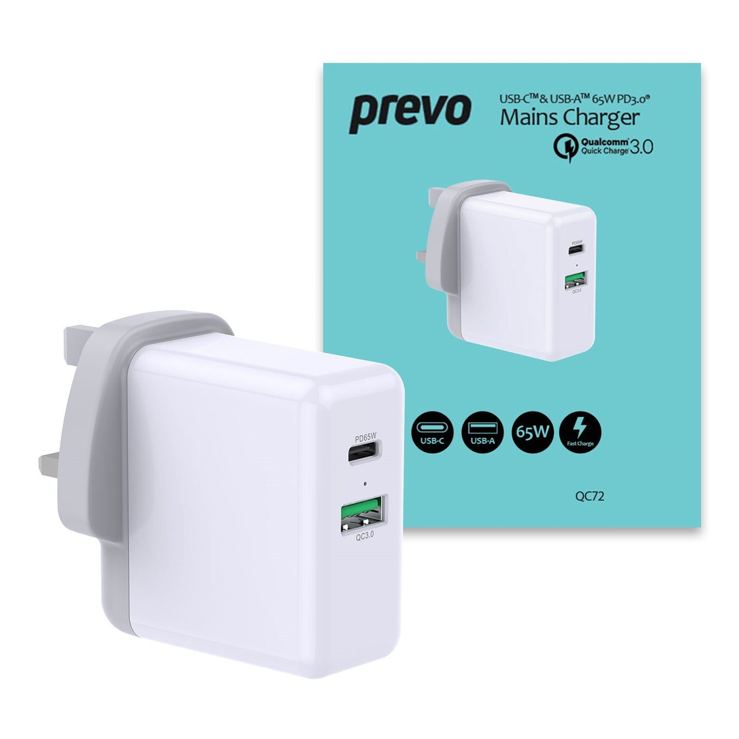 Prevo QC72 65W USB Type-C & USB Type-A Fast Charge Mains Charger with Qualcomm Quick Charge 3.0 and 1.5m 100W USB-C Cable for Laptops, Ultrabooks, Chromebooks, iPads, MacBooks, Smartphones, Tablets, Mobile Devices, Action Cameras, DSLRs - PC Gear UK