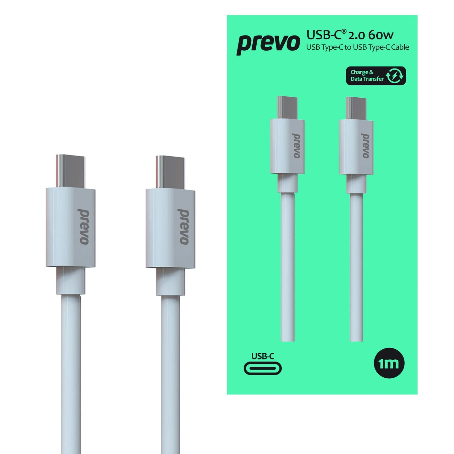 Prevo USB 2.0 60W C to C PVC cable, 20V/3A, 480Mbps, White, Superior Design & Performance, Retail Box Packaging - PC Gear UK