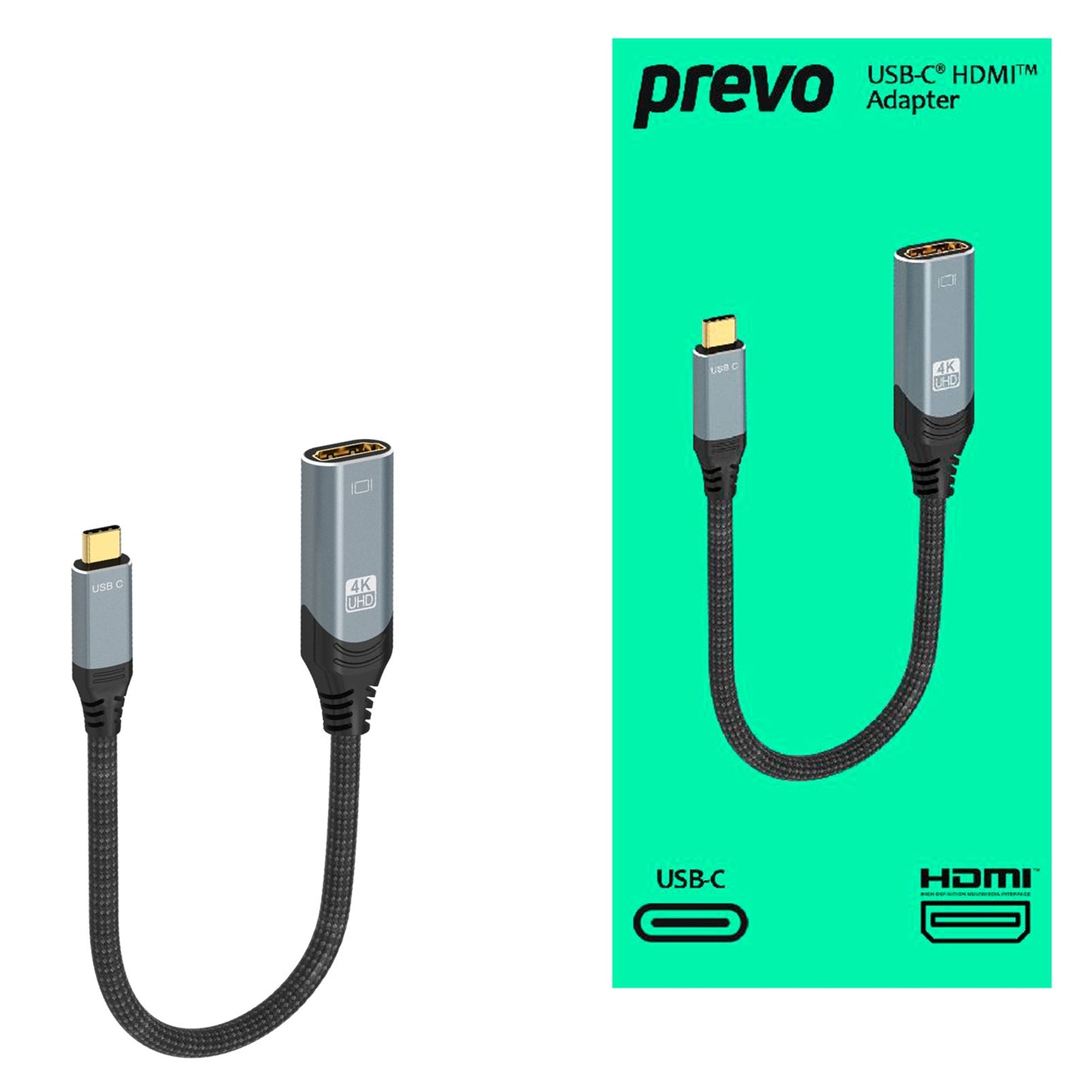 Prevo USBC-HDMI-ADA Display Converter Adapter, USB Type-C (M) to HDMI (F), 0.2m, Black & Silver, HDMI 2.0, Supports up to 4K@60Hz, Braided Cable, Retail Box Packaging - PC Gear UK