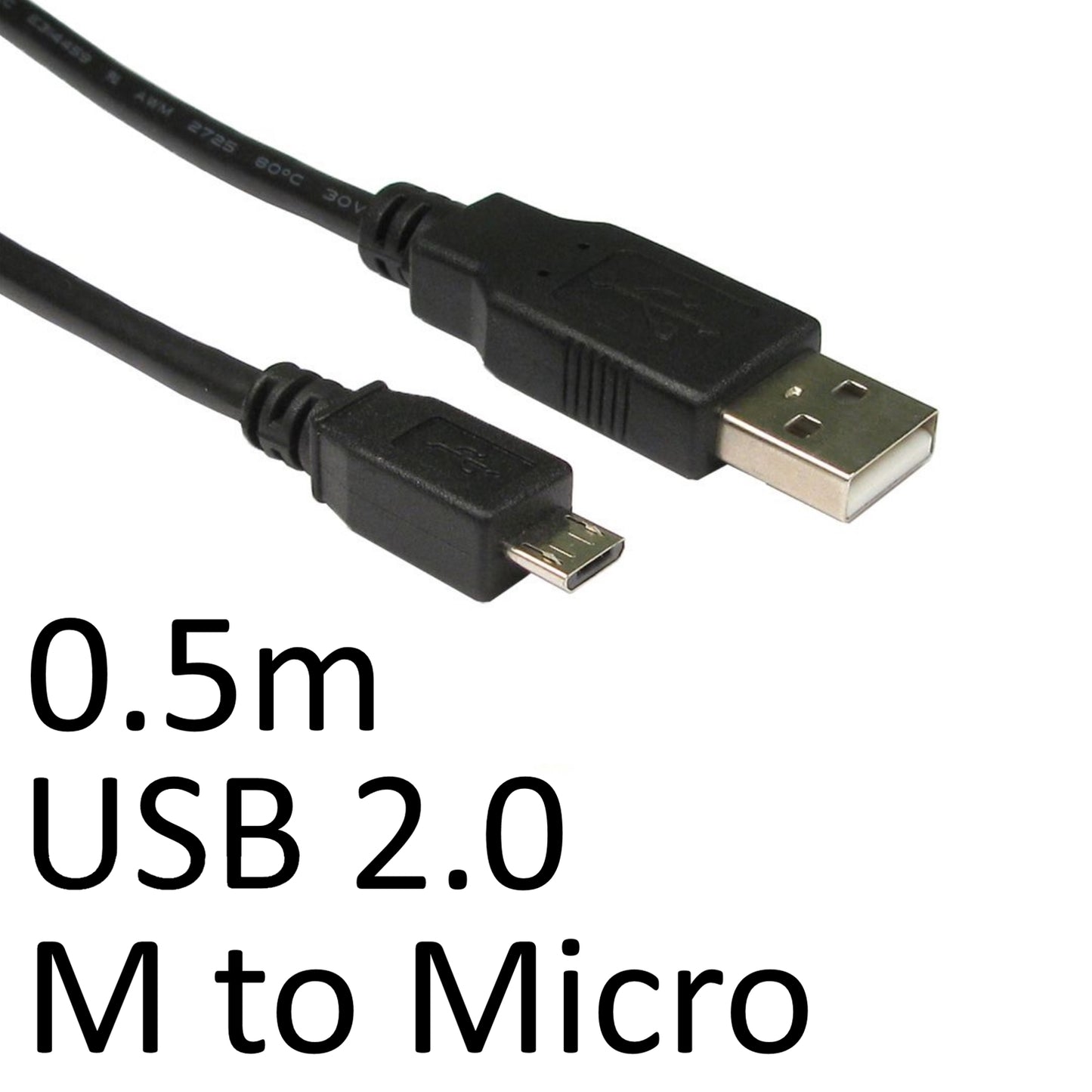 USB 2.0 A (M) to USB 2.0 Micro B (M) 0.5m Black OEM Data Cable - PC Gear UK