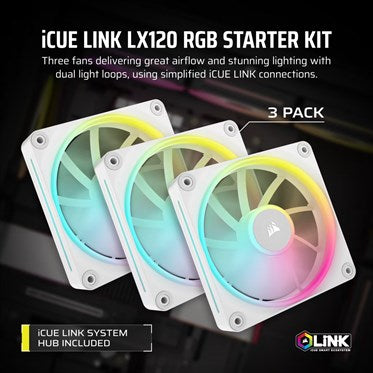 Corsair iCUE LINK LX120 RGB 120mm PWM Case Fan | 2400 RPM | White | 3-Pack