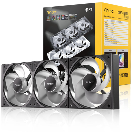 Antec Connect 120 ARGB Reverse 3-Pack 120mm PWM Fans with Daisy Chain Design and Vibration-Absorbing Pads - PC Gear UK