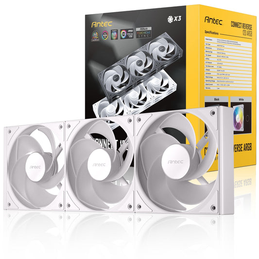 Antec Connect 120 ARGB White Reverse 3-Pack 120mm PWM Fans with Daisy Chain Design and Vibration-Absorbing Pads - PC Gear UK