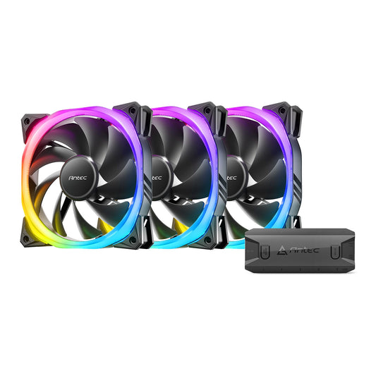 Antec Fusion 120mm ARGB 3 Fan Pack, Black, 3x120mm ARGB Fans, Upto 2000RPM, 57.93CFM Airflow, 31.24dB Max, 4-pin PWM 3-pin LED - PC Gear UK