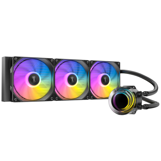 Antec Vortex Lum 360 ARGB CPU Liquid Cooler - Intel & AMD Compatible, 3 x 120mm ARGB Fans, Suspended Spiral Pump Head, Enhanced Cooling Performance - PC Gear UK