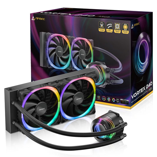 ANTEC Vortex 240 ARGB AiO Liquid CPU Cooler, Universal Socket, 240mm Radiator, PWM 2000RPM Fusion ARGB Cooling Fans, Addressable RGB LED Lighting with Suspended Spiral Pump Head Design - PC Gear UK