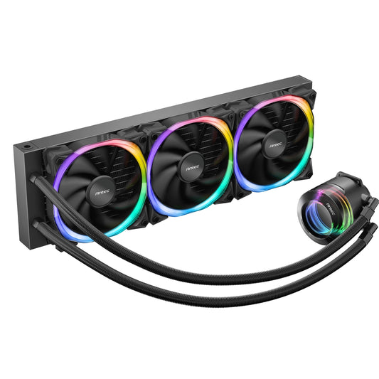 ANTEC Vortex 360 ARGB AiO Liquid CPU Cooler, Universal Socket, 360mm Radiator, PWM 2000RPM Fusion ARGB Cooling Fans, Addressable RGB LED Lighting with Suspended Spiral Pump Head Design - PC Gear UK