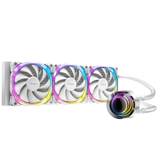 ANTEC Vortex 360 ARGB AiO Liquid CPU Cooler, White, Universal Socket, 360mm Radiator, PWM 2000RPM Fusion ARGB Cooling Fans, Addressable RGB LED Lighting with Suspended Spiral Pump Head Design - PC Gear UK