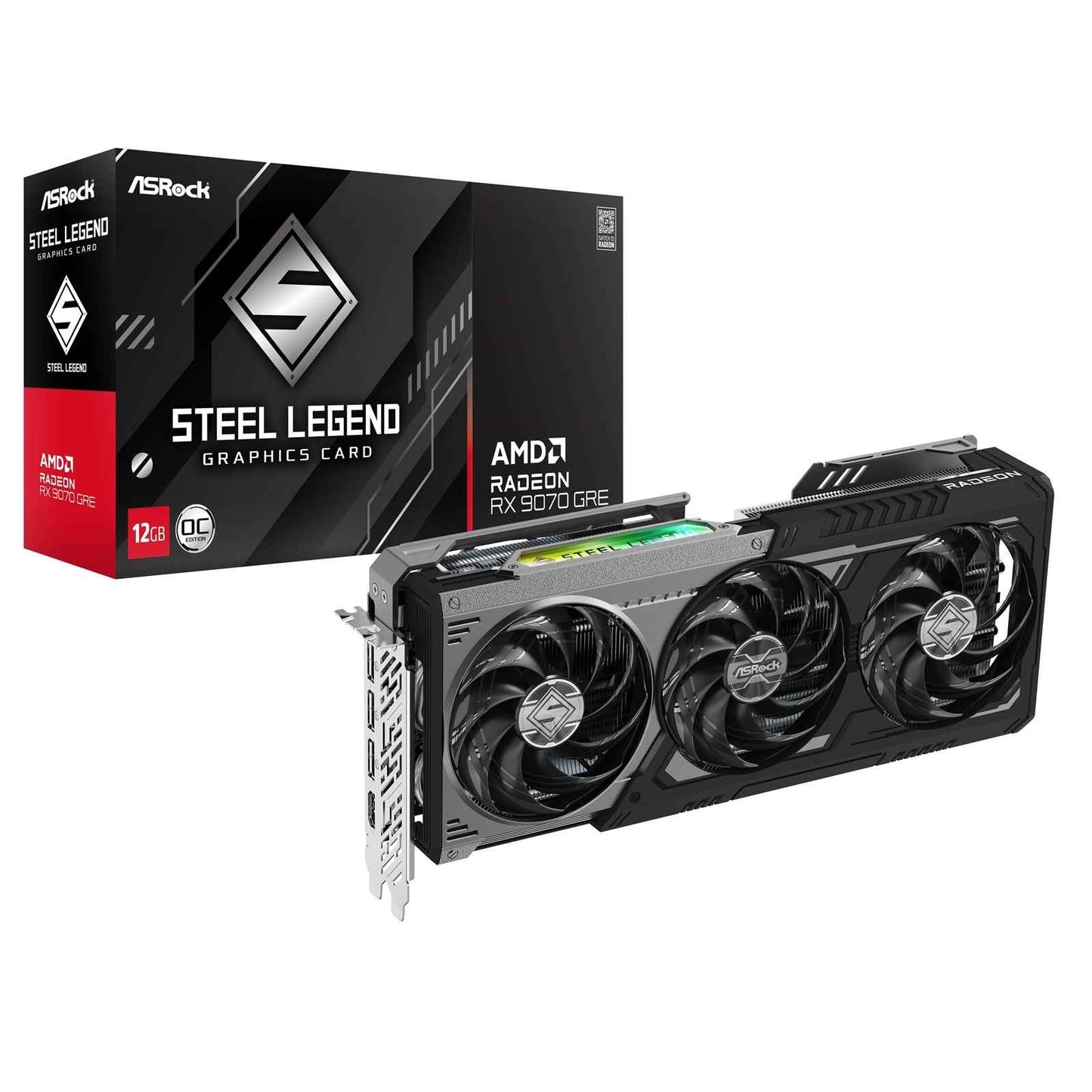 ASRock AMD Radeon RX 9070 Steel Legend Dark OC 12GB GDDR6 Graphics Card, 3072 Streams, 2340MHz Core Clock, Triple Fan, 3x DisplayPorts / 1x HDMI Port