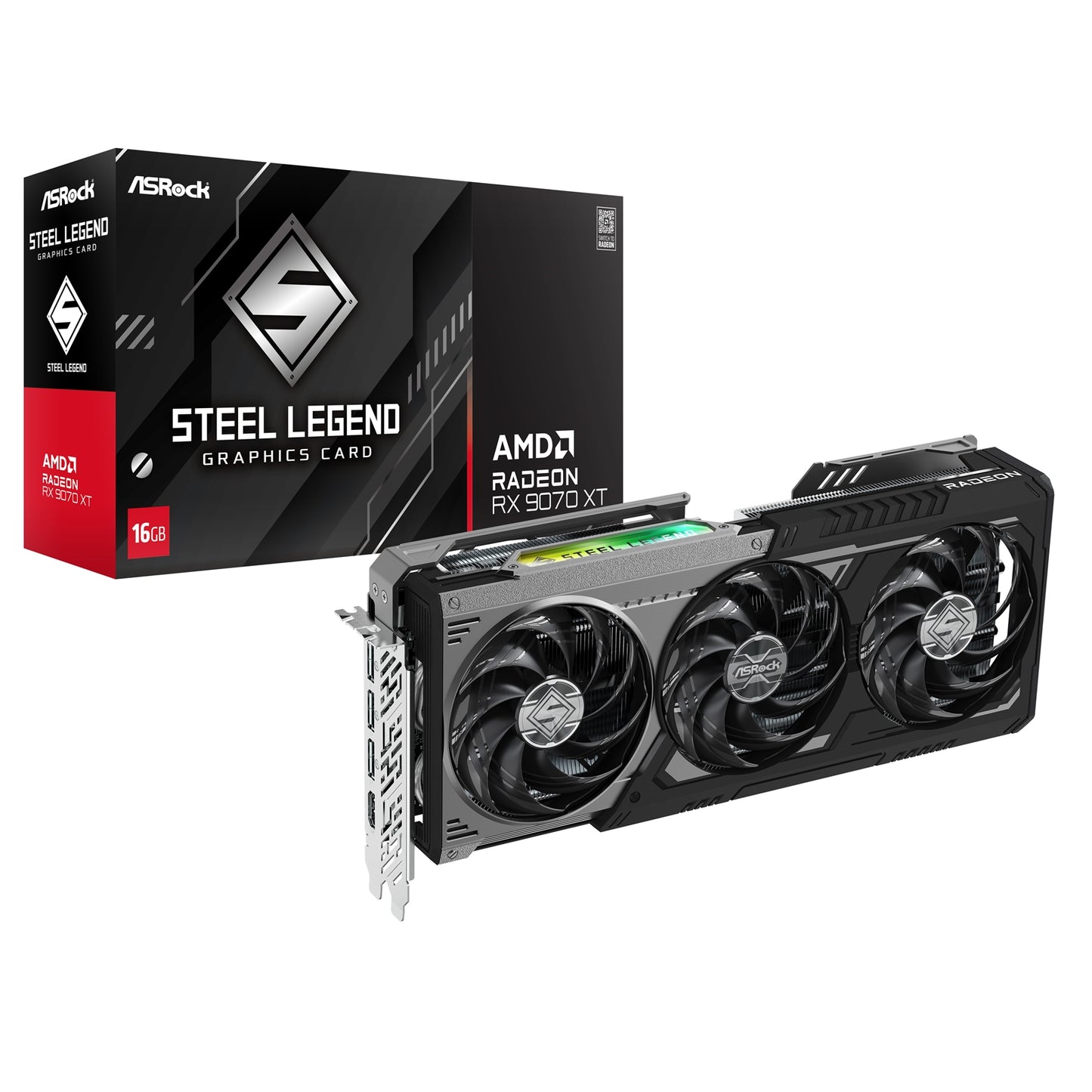 ASRock AMD Radeon RX 9070 XT Steel Legend Dark OC 16GB GDDR6 Graphics Card | 2970MHz Boost | Triple Fan