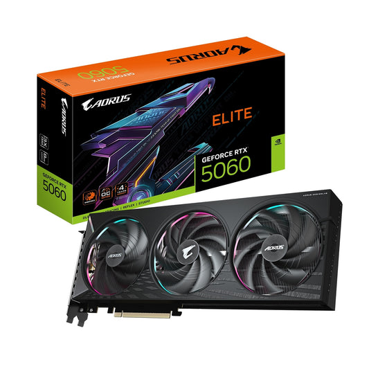 AORUS GeForce RTX 5060 ELITE GDDR7 Graphics Card, 3840 CUDA Cores, 2722 MHz Core Clock, Triple Fan, 3x DisplayPorts / 1x HDMI Port - PC Gear UK