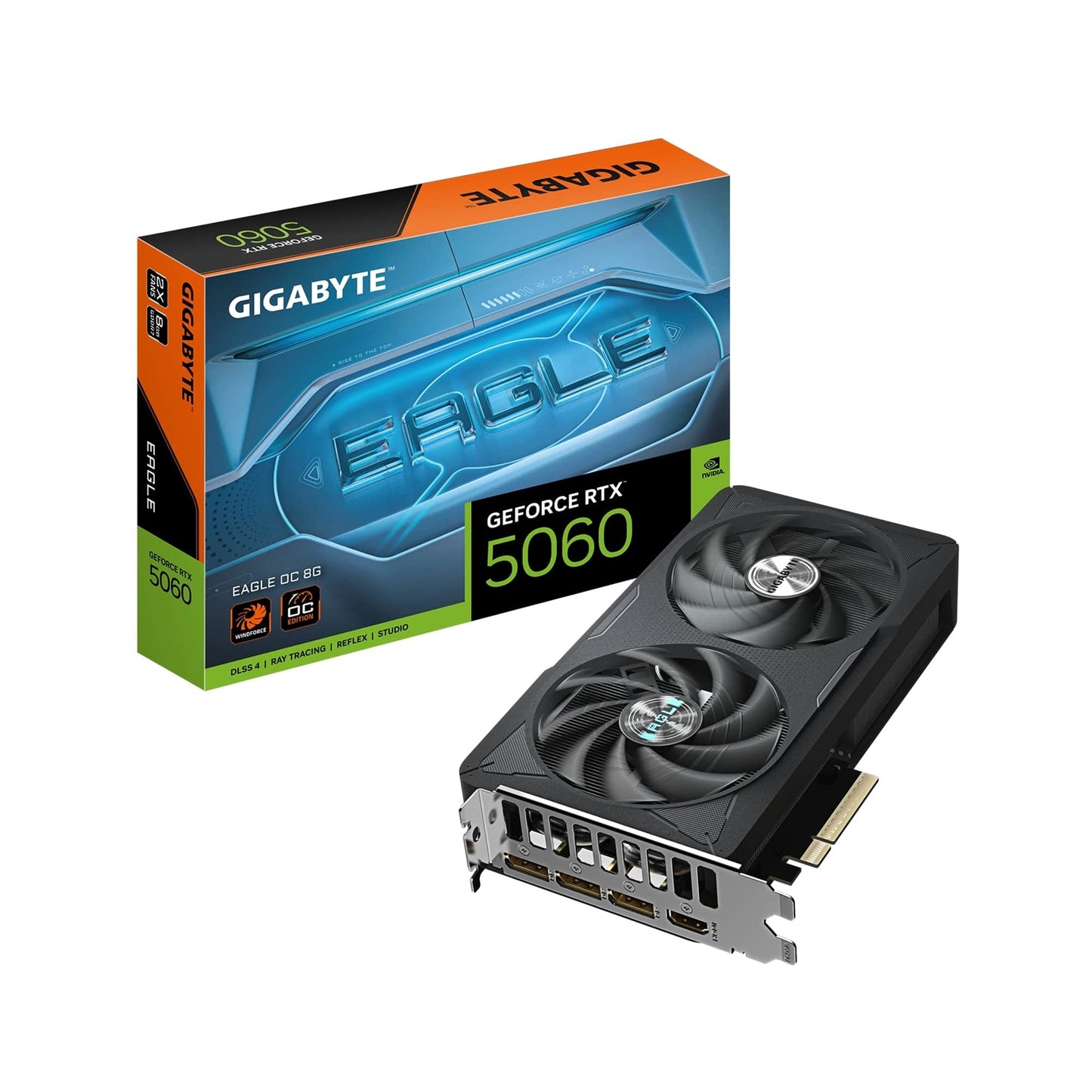 GeForce RTX 5060 EAGLE OC 8G GDDR7 Graphics Card, 3840 CUDA Cores, 2550 MHz Core Clock, Dual Fan, 3x DisplayPorts / 1x HDMI Port - PC Gear UK