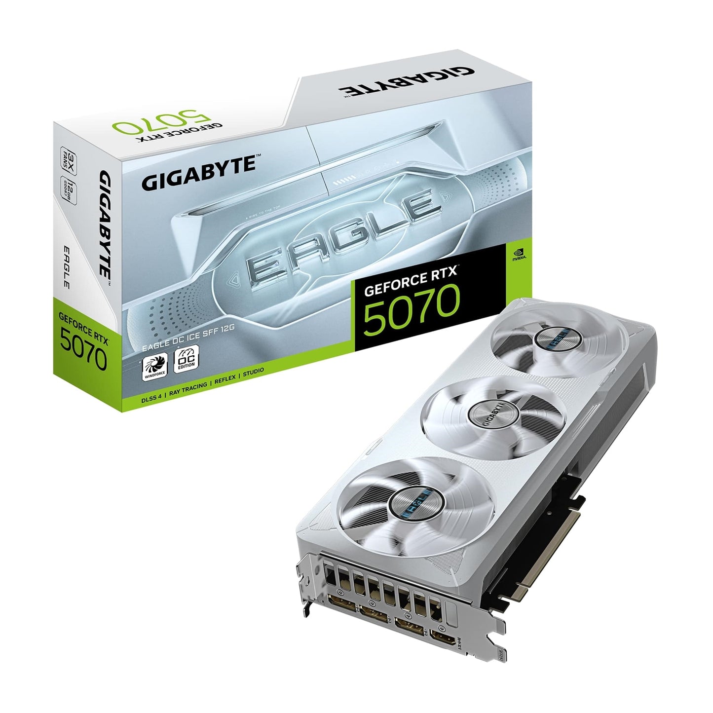 Gigabyte NVIDIA GeForce RTX 5070 EAGLE OC ICE SFF 12GB GDDR7 Graphics Card, 6144 CUDA Cores, 2587 MHz Core Clock, Triple Fan, White, 3x DisplayPorts / 1x HDMI Port - PC Gear UK