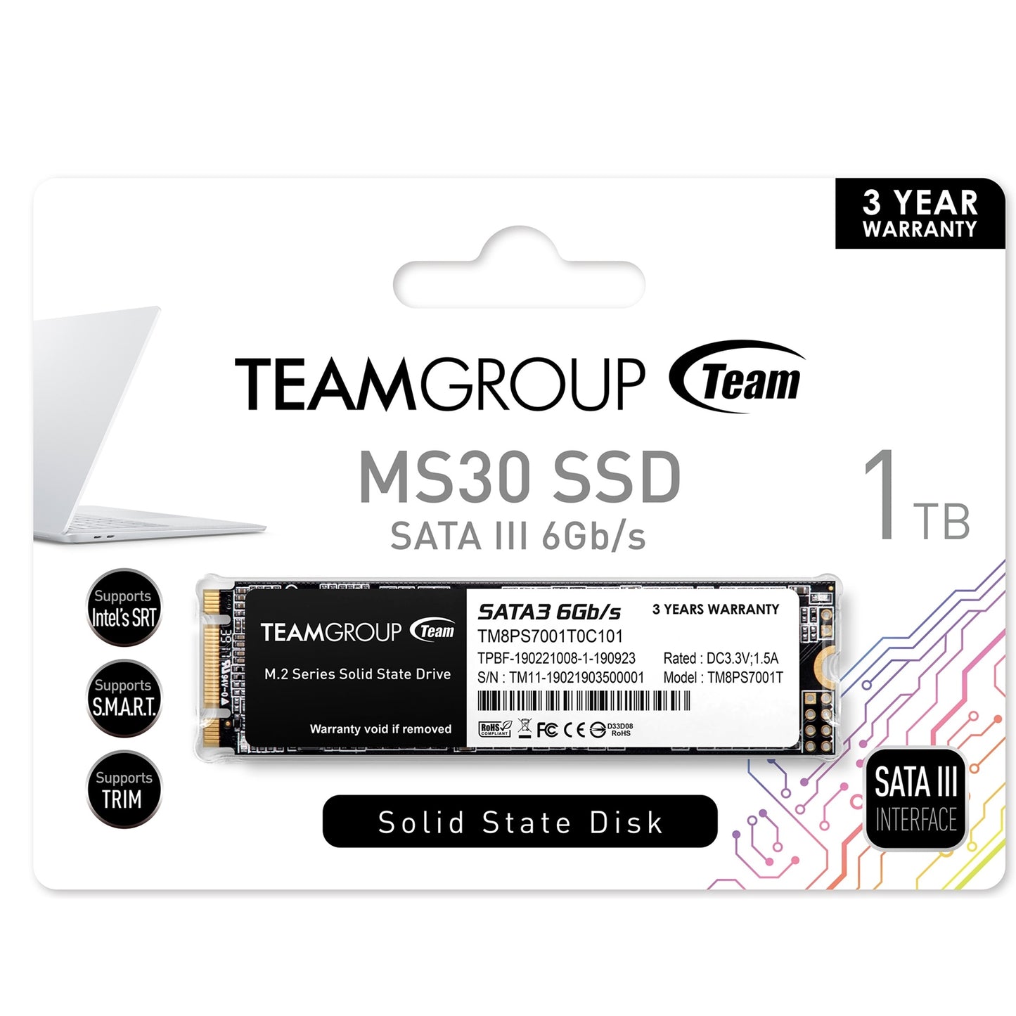 Team MS30 (TM8PS7001T0C101) 1TB, M.2 Sata Interface, PCIe Gen3, Read 530MB/s, Write 480MB/s, 3 Year Warranty - PC Gear UK