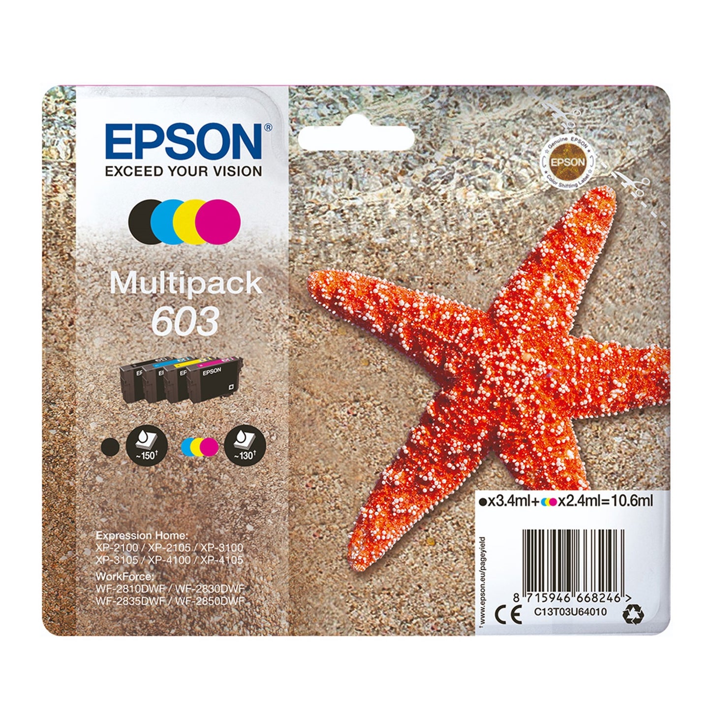 Epson C13T03U64010 603 Ink Cartridge Multipack CMY (130 Pages) K (150 Pages) - PC Gear UK
