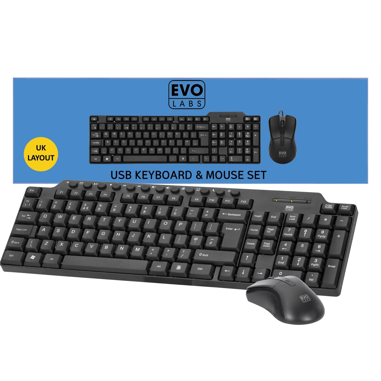 Evo Labs CM-501UK Wired Multimedia Keyboard and Mouse Combo Set, USB Plug and Play, Full Size Qwerty UK Layout Keyboard with Optical Sensor Mouse, Ideal for Home or Office, Black - PC Gear UK