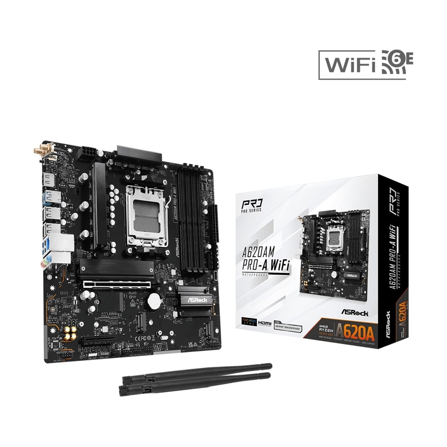 ASRock, ASRock A620AM PRO-A WIFI AMD Socket AM5 Motherboard, 4 x DDR5 Slots, 3x M.2 Socket, 2.5GbE LAN, Wi-Fi 6E, 1x HDMI Port, AMD A620A, Micro ATX Form Factor: 9.6-in x 9.6-in, 24.4 cm x 24.4 cm