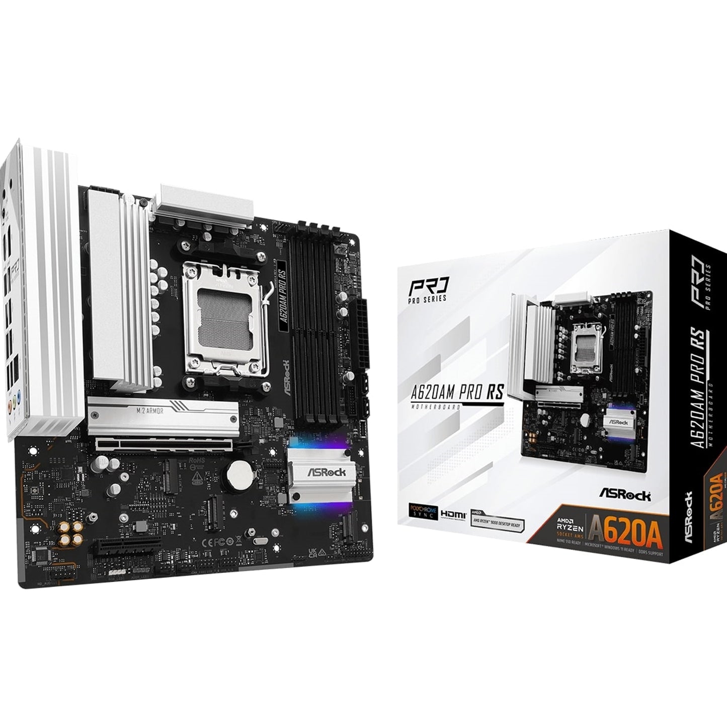 ASRock, ASRock A620AM PRO RS AMD Socket AM5 Motherboard, 4x DDR5 Slots, 3x M.2 Socket, 2.5GbE LAN, 1x HDMI Port/ 1x DisplayPort, AMD A620A, - Micro ATX Form Factor: 9.6-in x 9.6-in, 24.4 cm x 24.4 cm