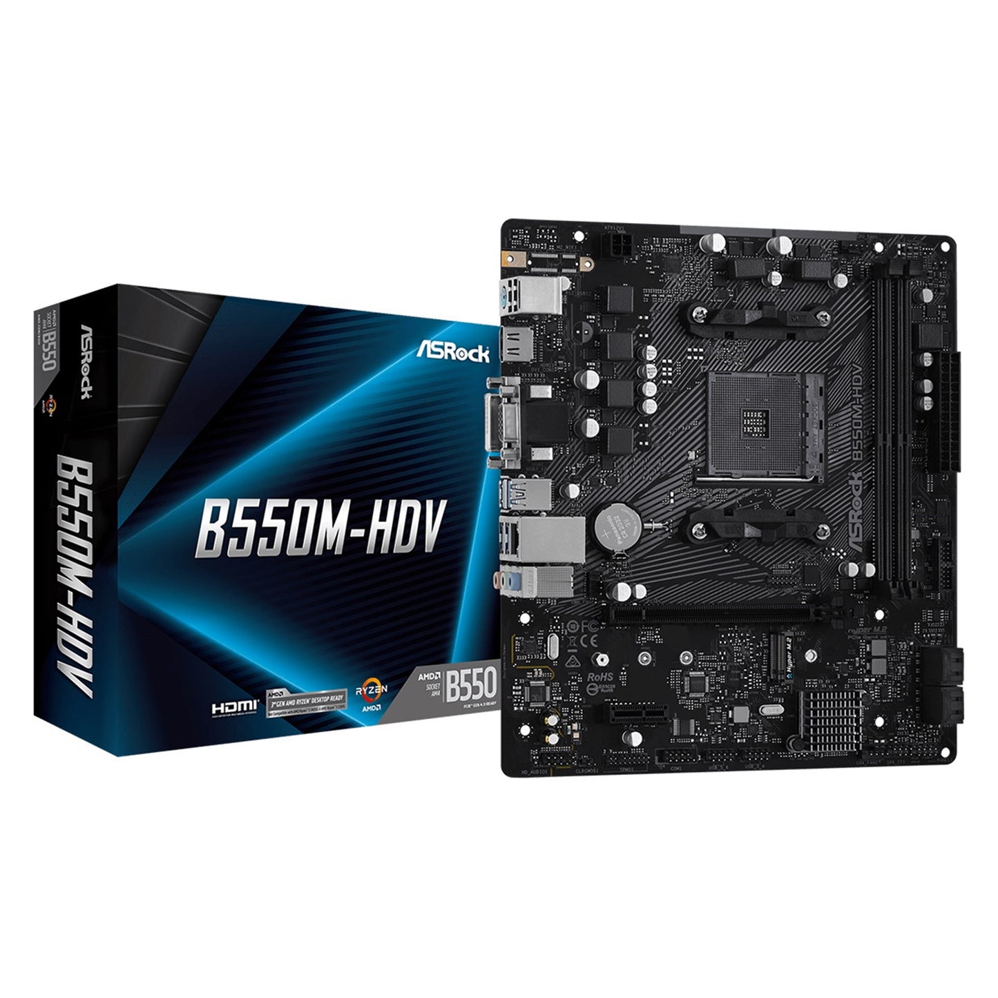 ASRock, ASRock B550M-HDV AMD AM4 Socket Motherboard, Micro-ATX, 2x DDR4 Slots, 1x M.2 Socket, GbE LAN, 1x D-Sub / 1x DVI-D / 1x HDMI Port, AMD B550, Micro ATX Form Factor: 9.0-in x 7.9-in, 23.0 cm x 20.1 cmSolid Capacitor design