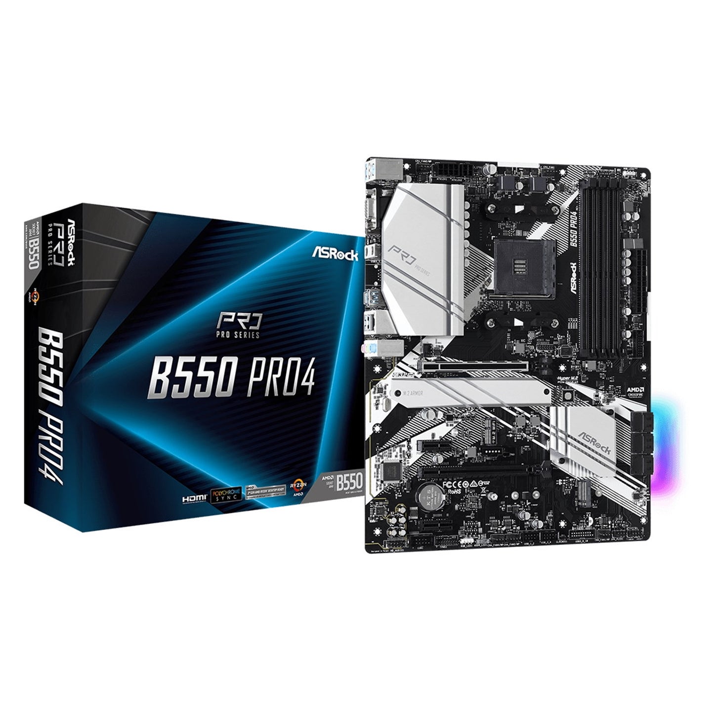ASRock, ASRock B550 Pro4 AMD AM4 Socket Motherboard, ATX, 4x DDR4 Slots, 2x M.2 Sockets, GbE LAN, 1x D-Sub / 1x HDMI Port, AMD B550, ATX Form Factor: 12.0-in x 9.6-in, 30.5 cm x 24.4 cmSolid Capacitor design2oz Copper PCB