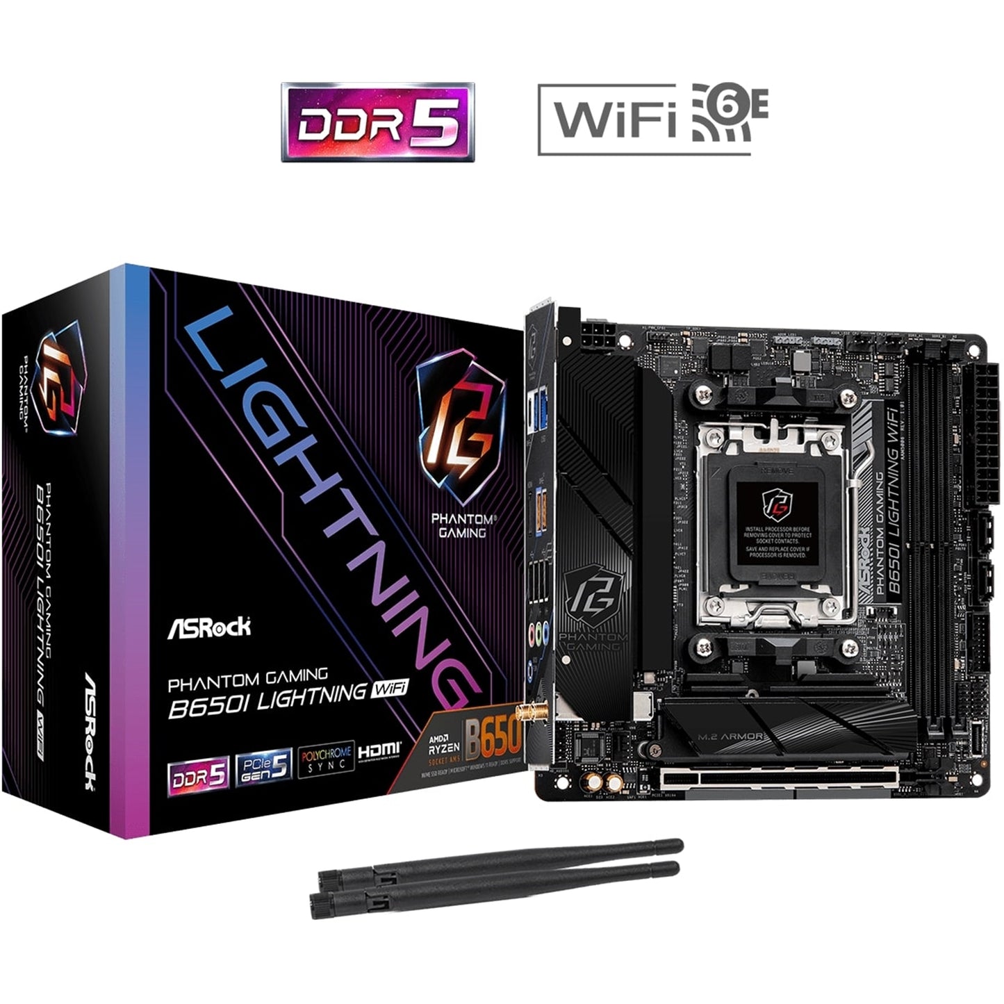 ASRock B650I LIGHTNING WIFI AMD AM5 Socket Motherboard, Mini-ITX, 2x DDR5 Slots, 2x M.2 Sockets, 2x USB-C Port, Fitted I/O Shield, 2.5GbE LAN, Wi-Fi 6E, 1x HDMI Port - PC Gear UK