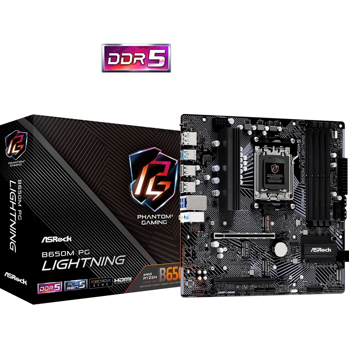 ASRock, ASRock B650M PG Lightning AMD AM5 Socket Motherboard, Micro-ATX, 4x DDR5 Slots, 3x M.2 Sockets, 1x USB-C Port, 2.5GbE LAN, 1x DisplayPort / 1x HDMI Port, AMD B650, Micro ATX Form Factor: 9.6-in x 9.6-in, 24.4 cm x 24.4 cm