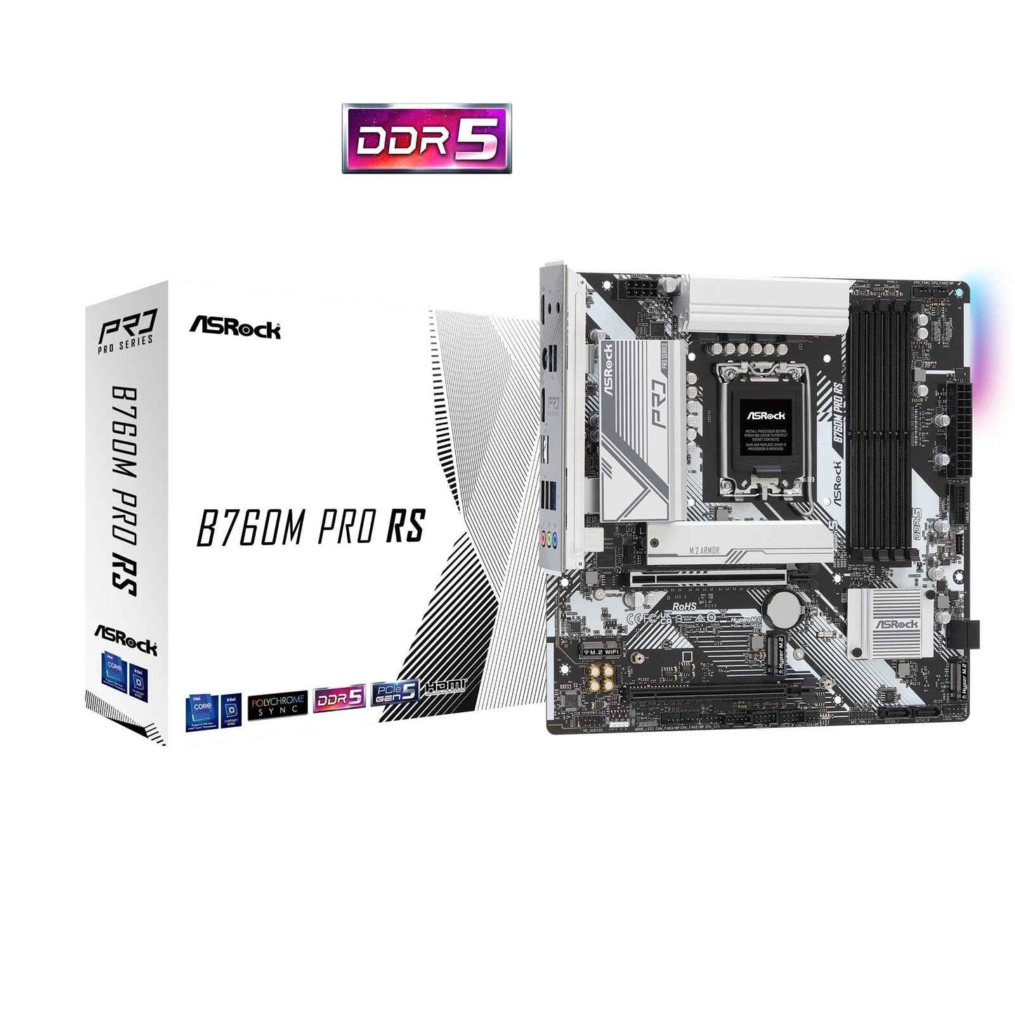 ASRock B760M PRO RS Intel 1700 Socket Motherboard, Micro-ATX, 4x DDR5 Slots, 3x M.2 Socket, Fitted I/O Shield, 2.5GbE LAN, 1x DisplayPort / 1x HDMI Port