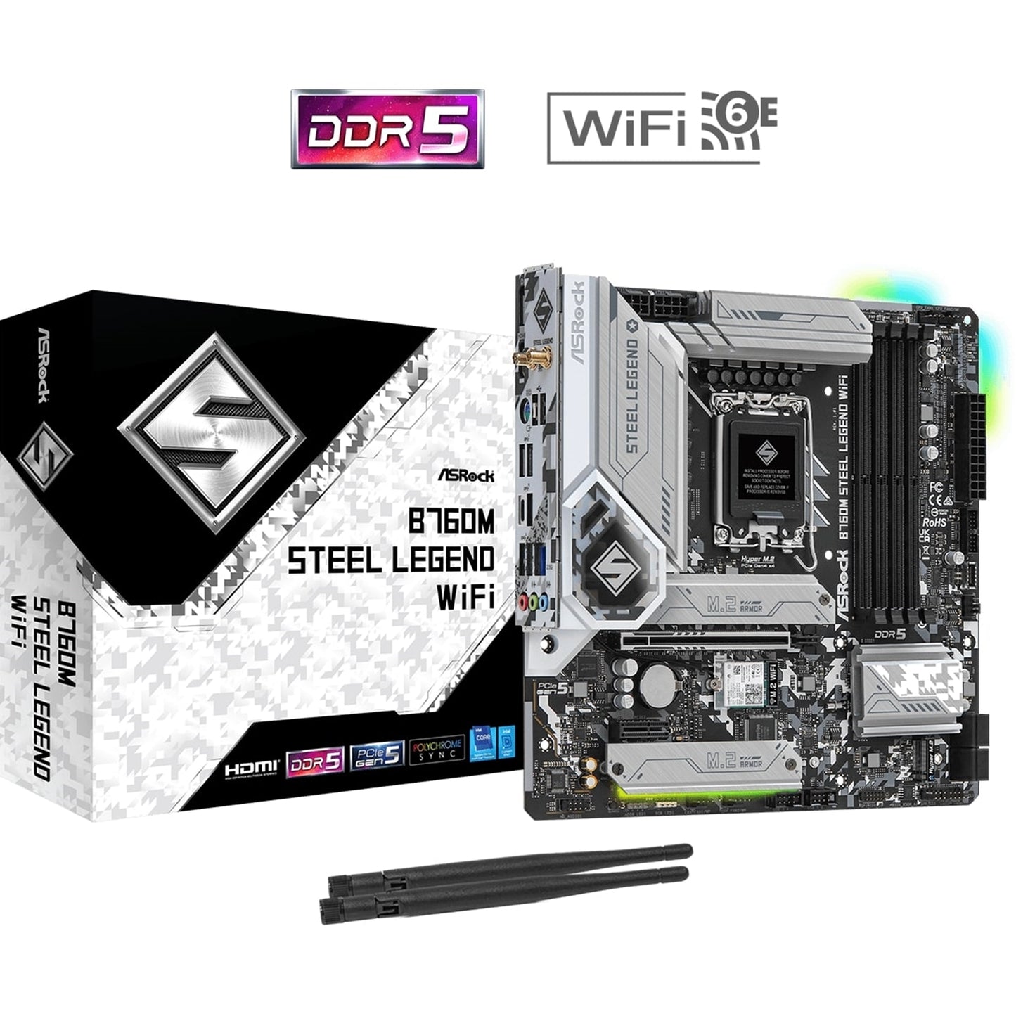 ASRock B760M Steel Legend WiFi Intel 1700 Socket Motherboard, Micro-ATX, 4x DDR5 Slots, 4x M.2 Sockets, 2x USB-C Port, Fitted I/O Shield, 2.5GbE LAN, Wi-Fi 6E, 1x DisplayPort / 1x HDMI Port - PC Gear UK
