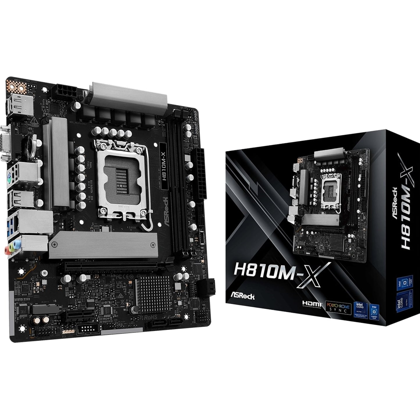 ASRock, ASRock H810M-X Intel Socket 1851 Motherboard, 2x DDR5 DIMM Slots, 1x M.2 Socket, 2.5G LAN, 1x HDMI Port / 1x DisplayPort, Intel H810, Micro ATX Form Factor: 8.66-in x 7.6-in, 22.0 cm x 19.3 cm