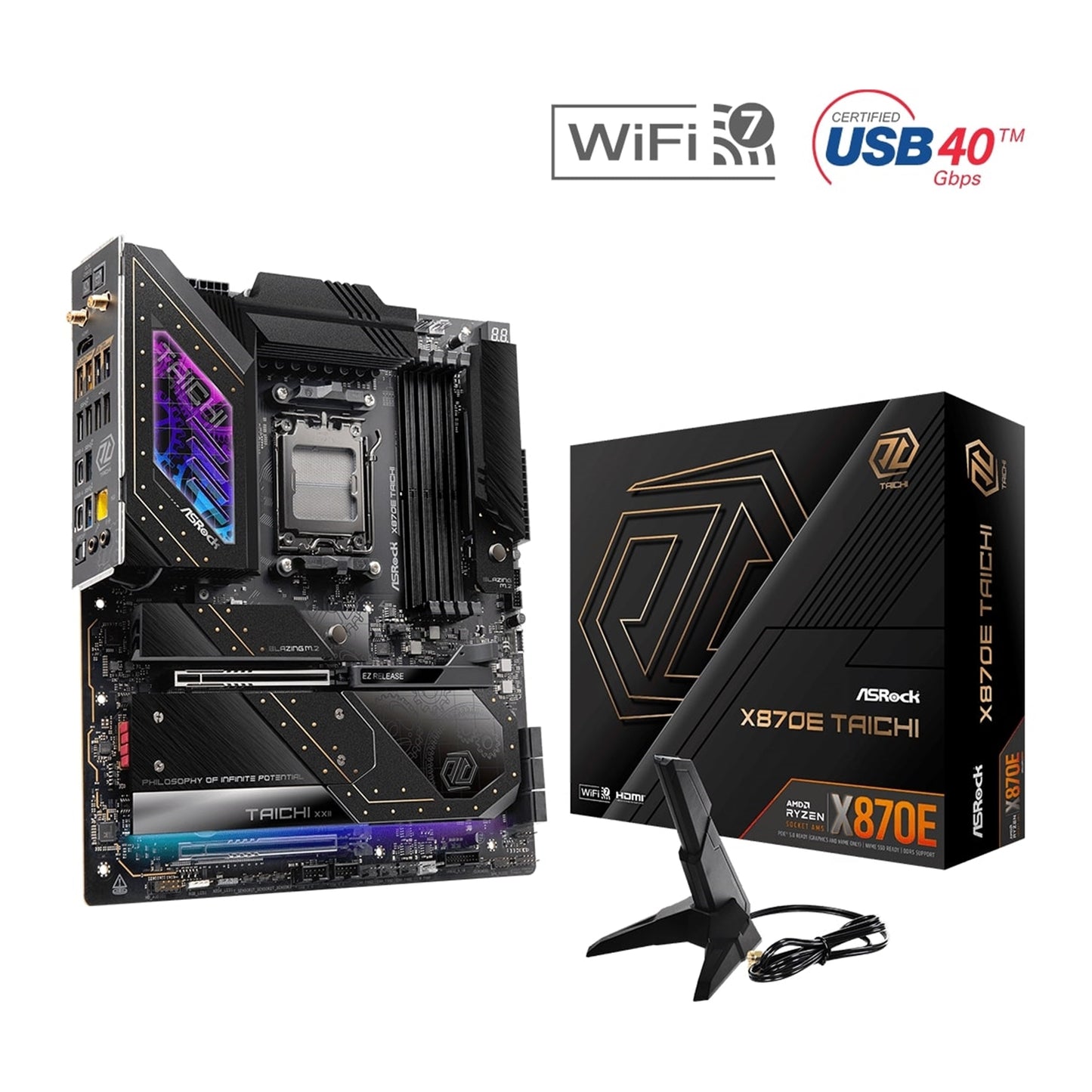 ASRock, ASRock X870E TAICHI AMD AM5 Socket Motherboard, E-ATX, 4x DDR5 Slots, 4x M.2 Sockets, Fitted I/O Shield, 5GbE LAN, Wi-Fi 7, 1x HDMI Port / 2x USB-C (USB4), AMD X870E, EATX Form Factor: 12.0-in x 10.5-in, 30.5 cm x 26.7 cm8 Layer PCB2oz Copper PCB