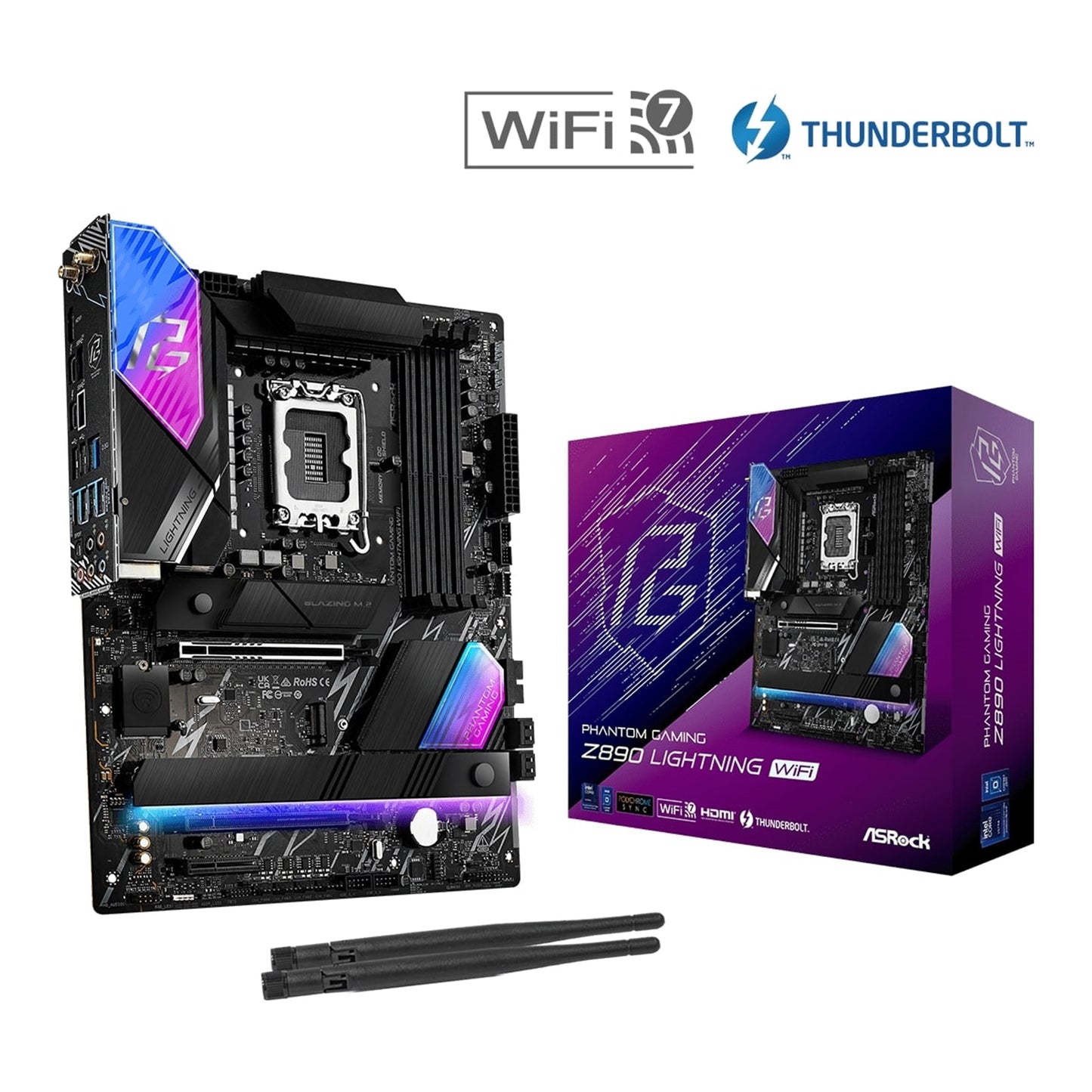 ASRock Z890 LIGHTNING WIFI PHANTOM GAMING Intel 1851 Socket Motherboard, ATX, 4x DDR5 Slots, 3x M.2 Sockets, 3x USB-C Port, Fitted I/O Shield, 2.5GbE LAN, Wi-Fi 7, 1x HDMI Port / 2x USB-C (USB4) - PC Gear UK