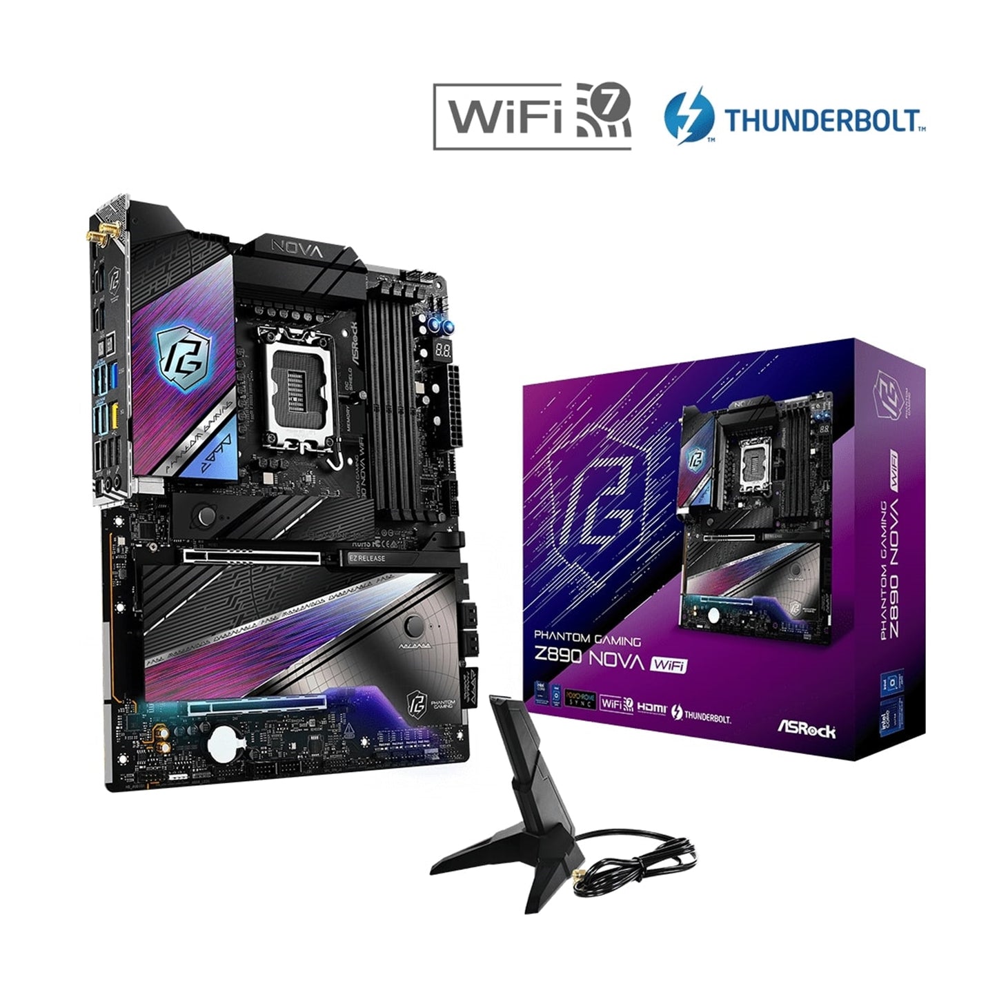 ASRock Z890 NOVA WIFI PHANTOM GAMING Intel 1851 Socket Motherboard, ATX, 4x DDR5 Slots, 6x M.2 Sockets, 3x USB-C Port, Fitted I/O Shield, 2.5GbE LAN, Wi-Fi 7, 1x HDMI Port / 2x USB-C (USB4) - PC Gear UK
