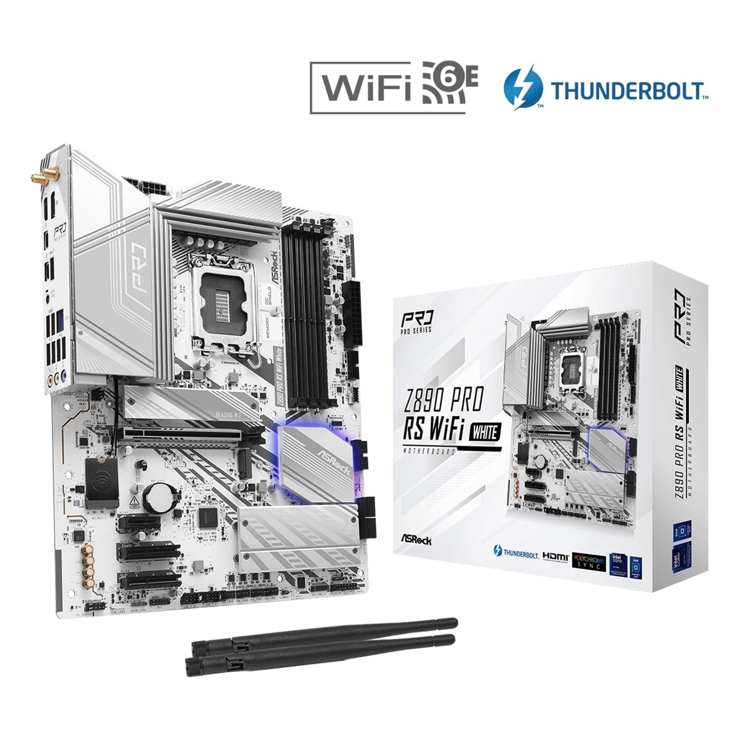 ASRock Z890 PRO RS WIFI WHITE Intel 1851 Socket Motherboard, ATX, 4x DDR5 Slots, 4x M.2 Sockets, 3x USB-C Port, Fitted I/O Shield, 2.5GbE LAN, Wi-Fi 6E, 1x DisplayPort / 1x HDMI / 2x USB-C (USB4) - PC Gear UK