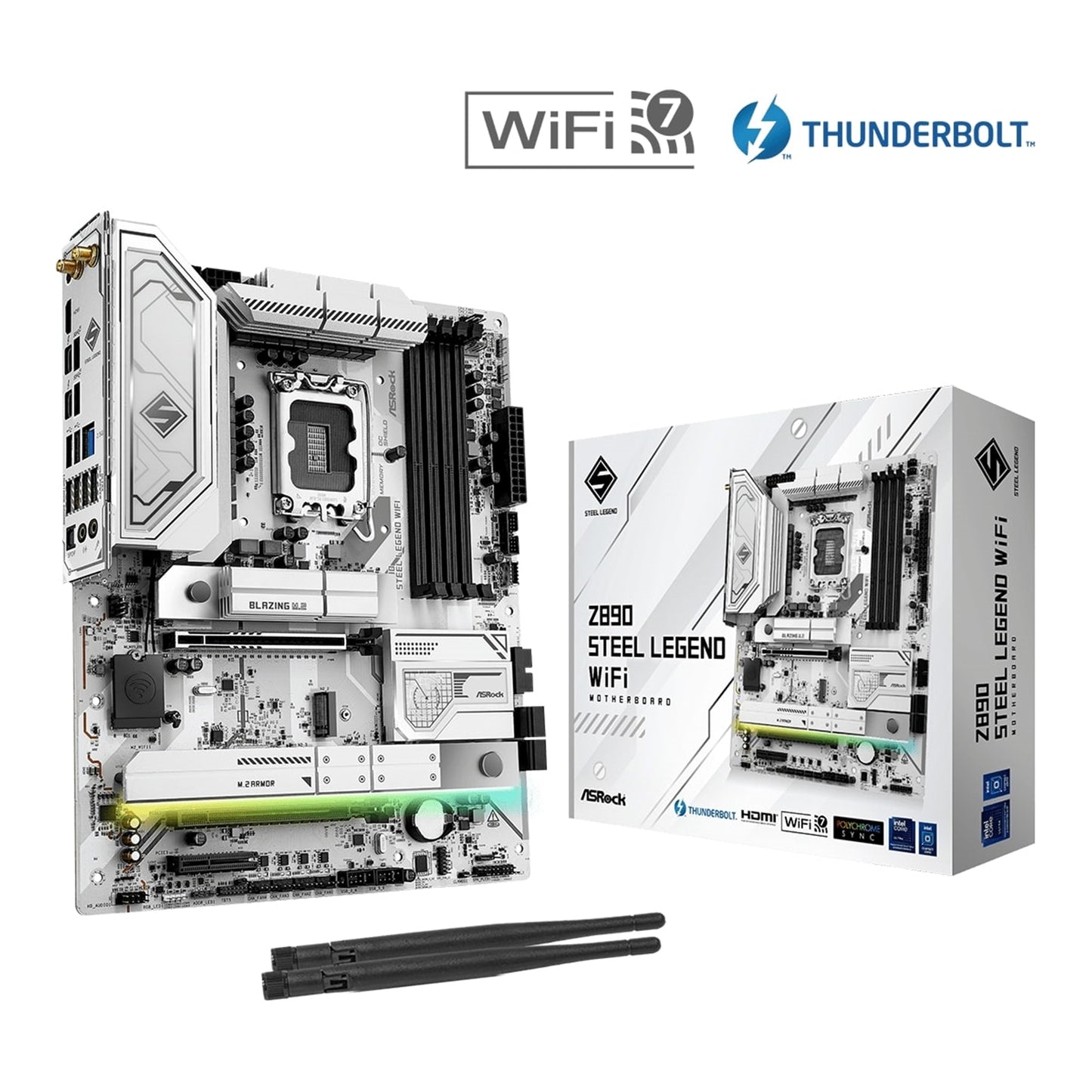 ASRock Z890 STEEL LEGEND WIFI Intel 1851 Socket Motherboard, ATX, 4x DDR5 Slots, 4x M.2 Sockets, 3x USB-C Port, Fitted I/O Shield, 2.5GbE LAN, Wi-Fi 7, 1x HDMI Port / 2x USB-C (USB4) - PC Gear UK