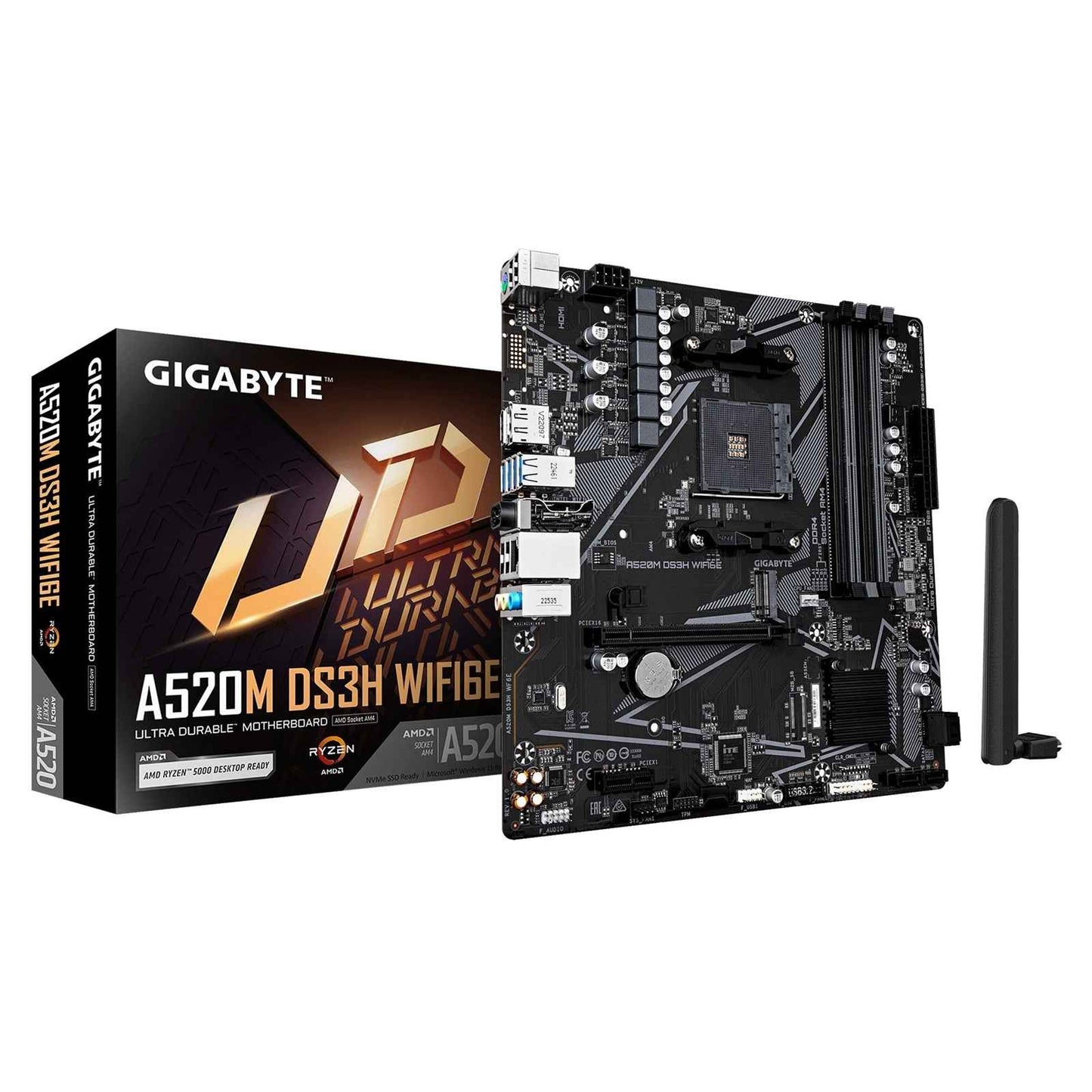 Gigabyte A520M DS3H WIFI6E AMD AM4 Socket Motherboard, Micro-ATX, 4x DDR4 Slots, 1x M.2 Socket, GbE LAN, Wi-Fi 6E, 1x DisplayPort / 1x HDMI Port