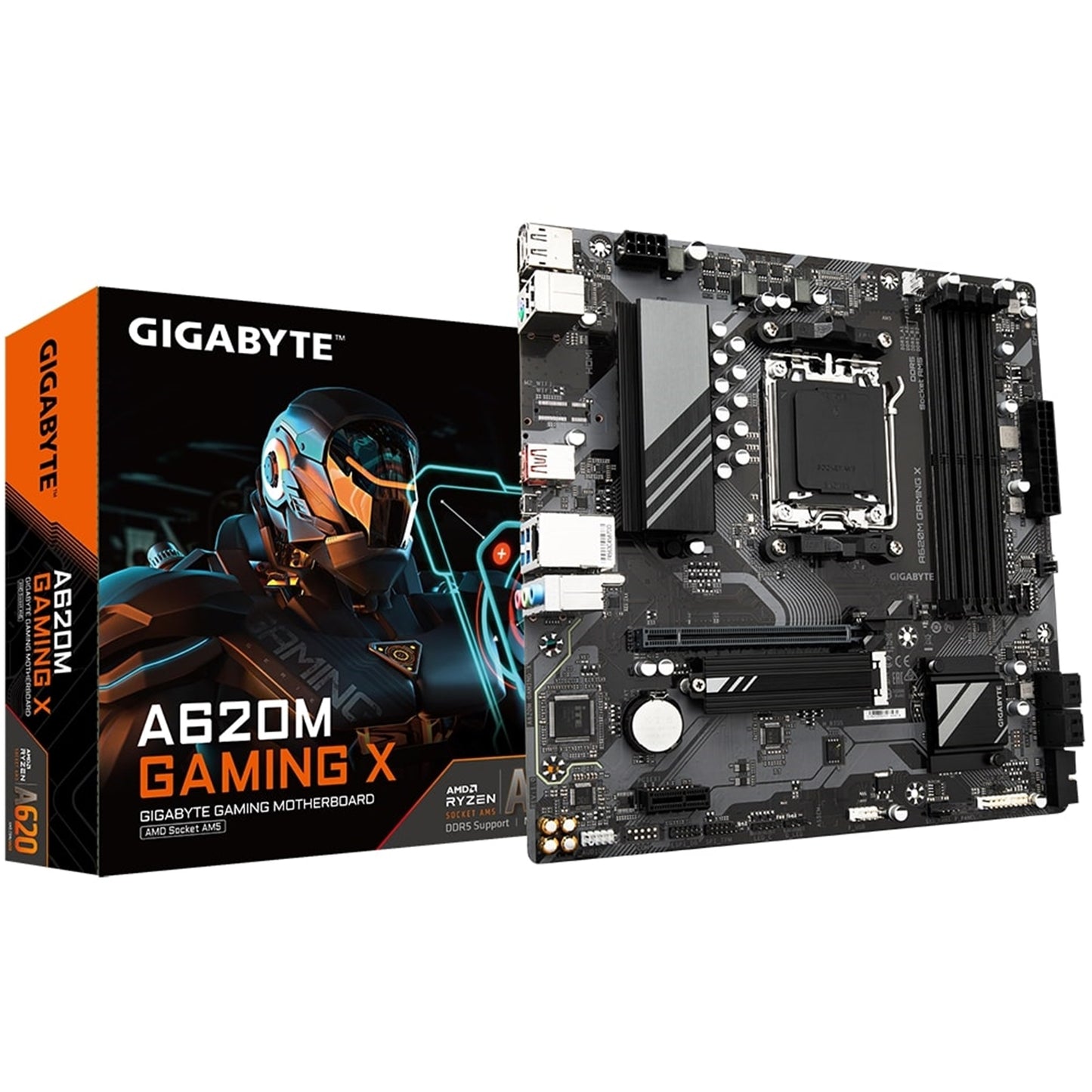 Gigabyte, Gigabyte A620M GAMING X AMD AM5 Socket Motherboard, Micro-ATX, 4x DDR5 Slots, 1x M.2 Socket, GbE LAN, 1x DisplayPort / 1x HDMI Port, AMD A620, Micro ATX Form Factor; 24.4cm x 24.4cm
