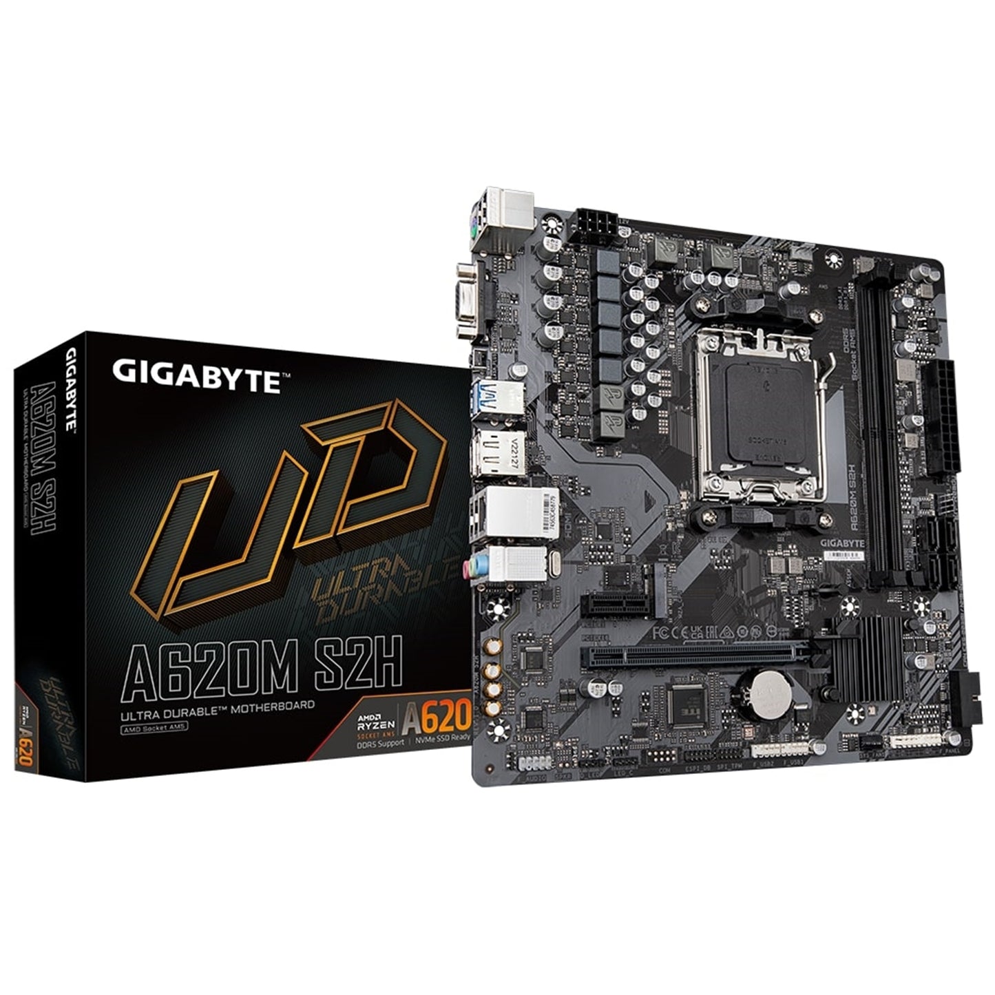 Gigabyte, Gigabyte A620M S2H AMD AM5 Socket Motherboard, Micro-ATX, 2x DDR5 Slots, 1x M.2 Socket, GbE LAN, 1x D-Sub / 1x DisplayPort / 1x HDMI Port, AMD A620