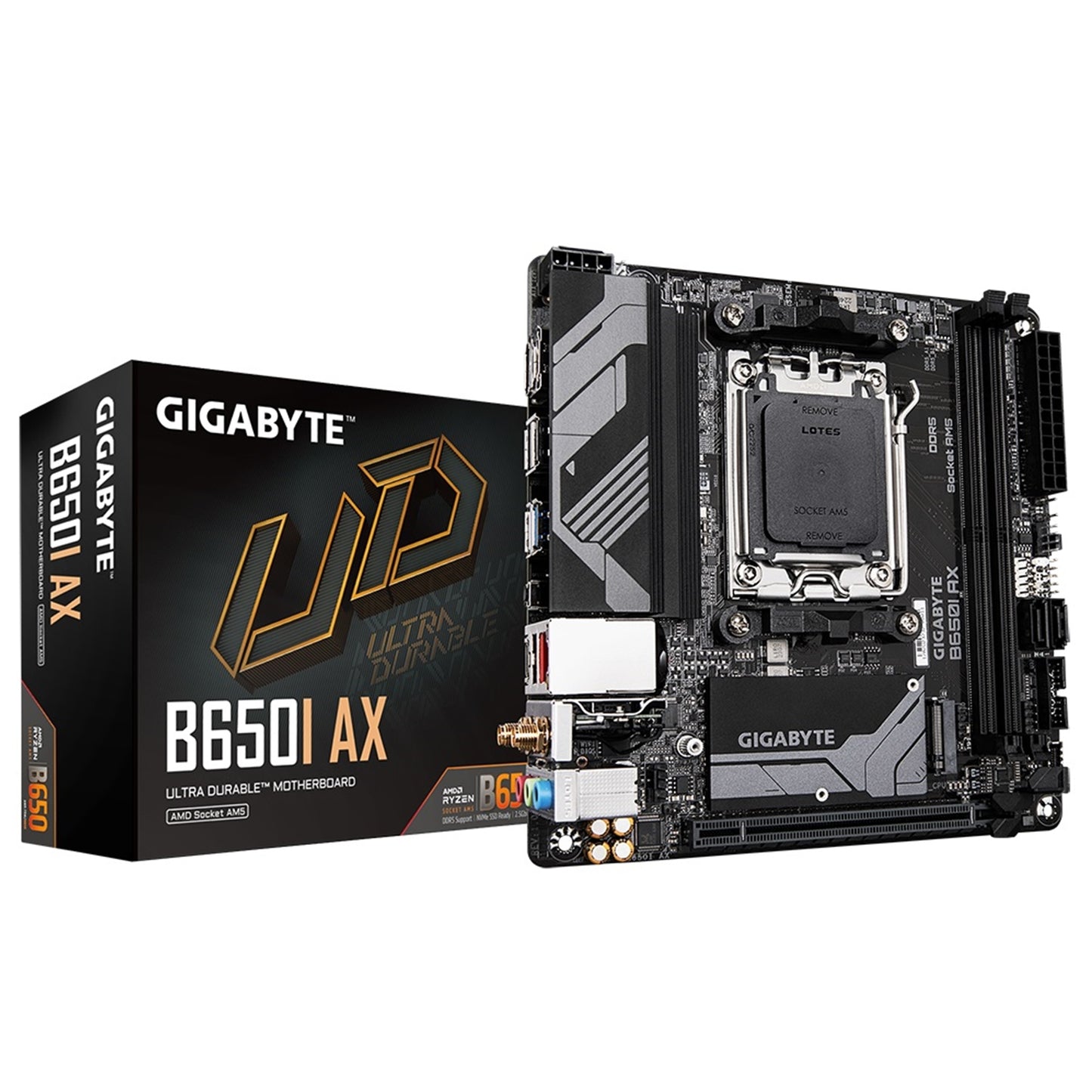 Gigabyte B650I AX Ultra Durable AMD AM5 Socket Motherboard, Mini-ITX, 2x DDR5 Slots, 1x M.2 Socket, 2x USB-C Port, 2.5GbE LAN, Wi-Fi 6E, 1x DisplayPort / 1x HDMI Port - PC Gear UK