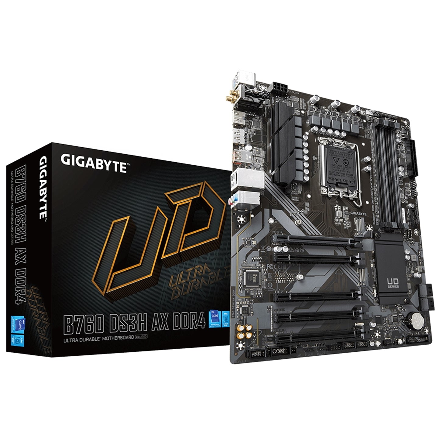 Gigabyte B760 DS3H AX DDR4 Ultra Durable Intel 1700 Socket Motherboard, ATX, 4x DDR4 Slots, 2x M.2 Sockets, 2x USB-C Port, GbE LAN, Wi-Fi 6E, 1x DisplayPort / 1x HDMI Port - PC Gear UK