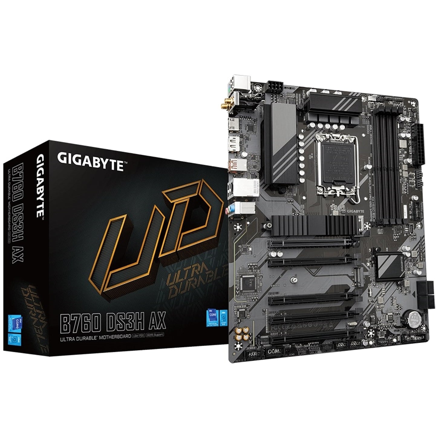 Gigabyte B760 DS3H AX Ultra Durable Intel 1700 Socket Motherboard, ATX, 4x DDR5 Slots, 2x M.2 Sockets, 2x USB-C Port, Fitted I/O Shield, GbE LAN, Wi-Fi 6E, 1x DisplayPort / 1x HDMI Port - PC Gear UK
