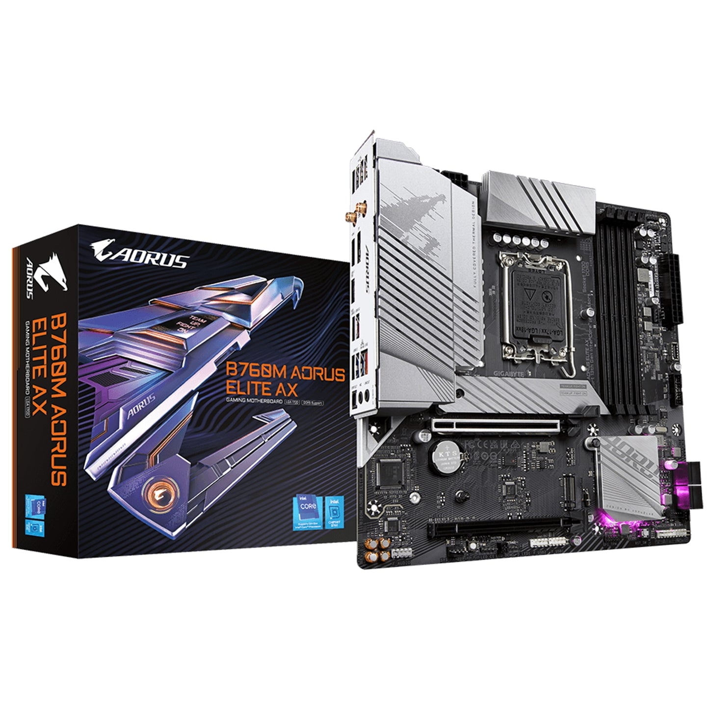 Gigabyte B760M AORUS ELITE AX Intel 1700 Socket Motherboard, Micro-ATX, 4x DDR5 Slots, 2x M.2 Sockets, 2x USB-C Port, Fitted I/O Shield, 2.5GbE LAN, Wi-Fi 6E, 1x DisplayPort / 1x HDMI Port - PC Gear UK