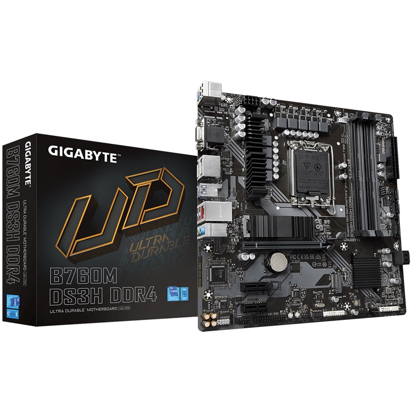 Gigabyte B760M DS3H DDR4 Ultra Durable Intel 1700 Socket Motherboard, Micro-ATX, 4x DDR4 Slots, 2x M.2 Sockets, 1x USB-C Port, 2.5GbE LAN, 1x D-Sub / 2x DisplayPorts / 1x HDMI Port - PC Gear UK