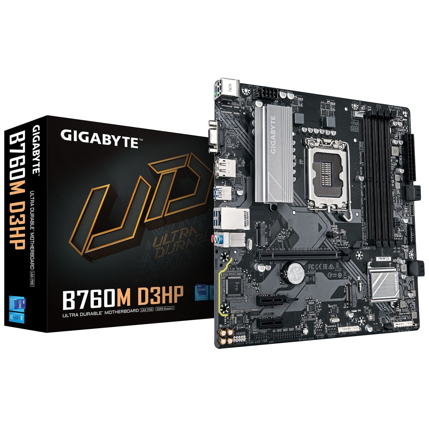 Gigabyte B760M D3HP Intel 1700 Socket Motherboard, Micro-ATX, 4x DDR5 Slots, 2x M.2 Sockets, 1x USB-C Port, GbE LAN, 1x D-Sub / 1x DisplayPort / 1x HDMI Port - PC Gear UK