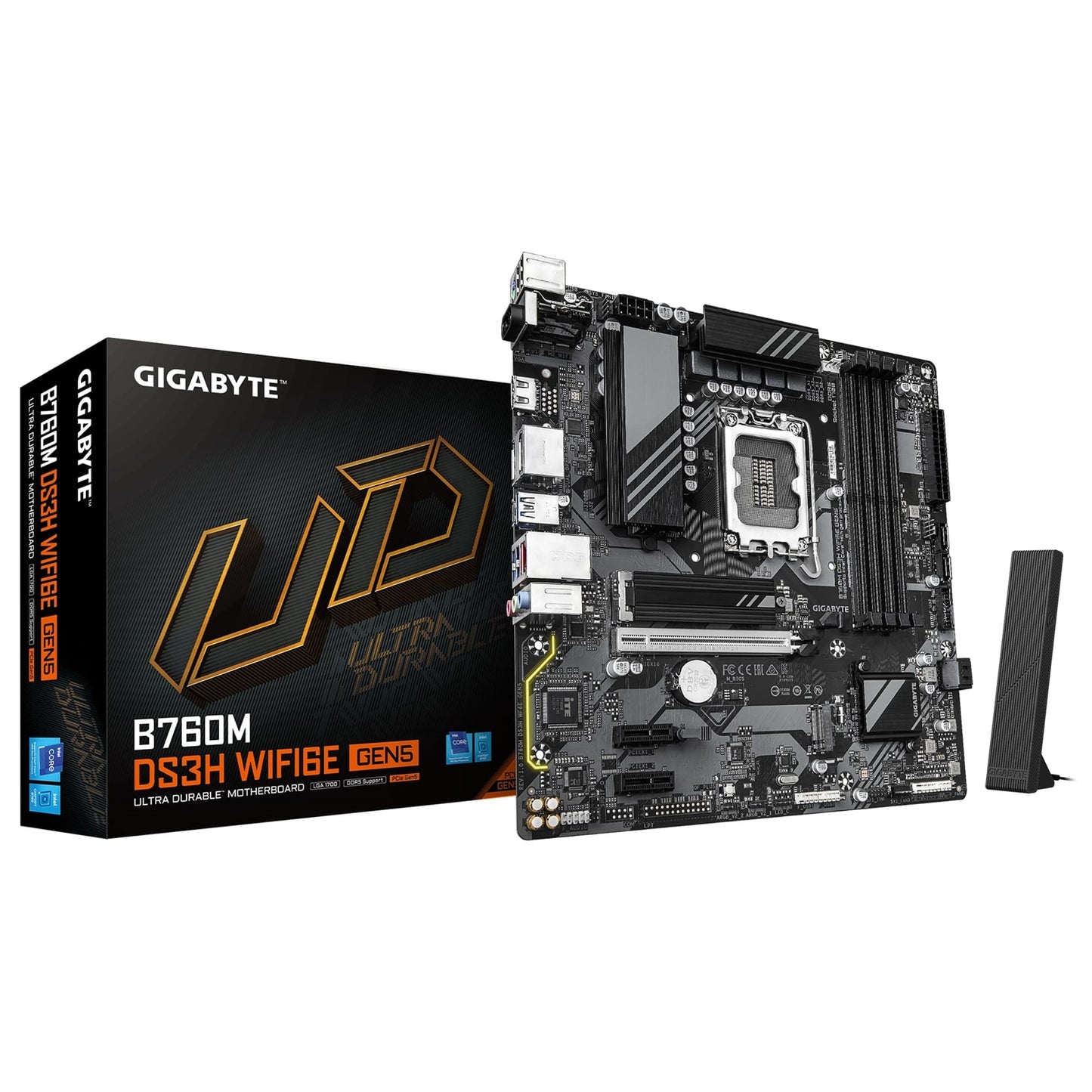 Gigabyte, Gigabyte B760M DS3H WIFI6E GEN5 Intel 1700 Socket Motherboard, Micro-ATX, 4x DDR5 Slots, 2x M.2 Socket, 2.5GbE LAN, Wi-Fi 6E, 1x HDMI Port / 2x DisplayPort, Intel B760 Express Chipset, Micro ATX Form Factor; 24.4cm x 24.4cm