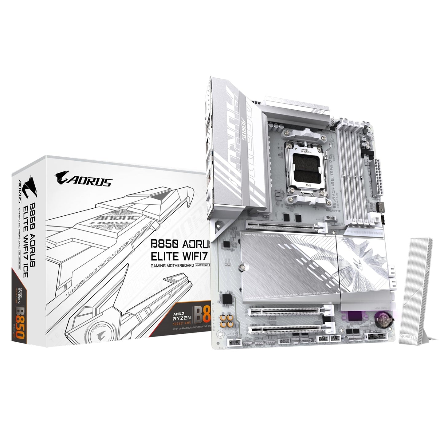 Gigabyte B850 AORUS ELITE WIFI7 ICE AMD AM5 Socket Motherboard, ATX, 4x DDR5 Slots, 3x M.2 Sockets, 2x USB-C Port, Fitted I/O Shield, 2.5GbE LAN, Wi-Fi 7, 1x DisplayPort / 1x HDMI Port - PC Gear UK