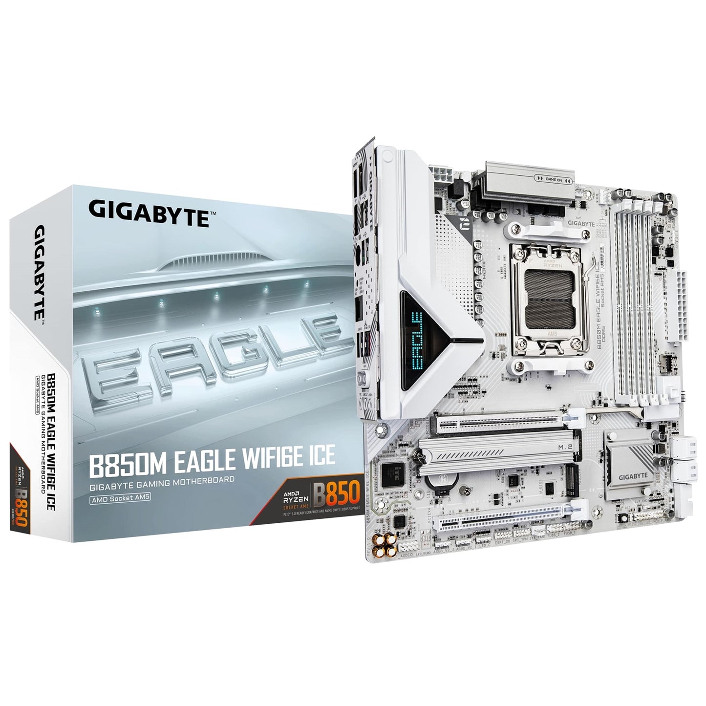 GIGABYTE, GIGABYTE B850M EAGLE WIFI6E ICE AMD AM5 Micro-ATX Motherboard, 4x DDR5, 2x M.2, PCIe 5.0, Wi-Fi 6E, 2.5GbE LAN, AMD B850, Micro ATX Form Factor; 24.4cm x 24.4cm