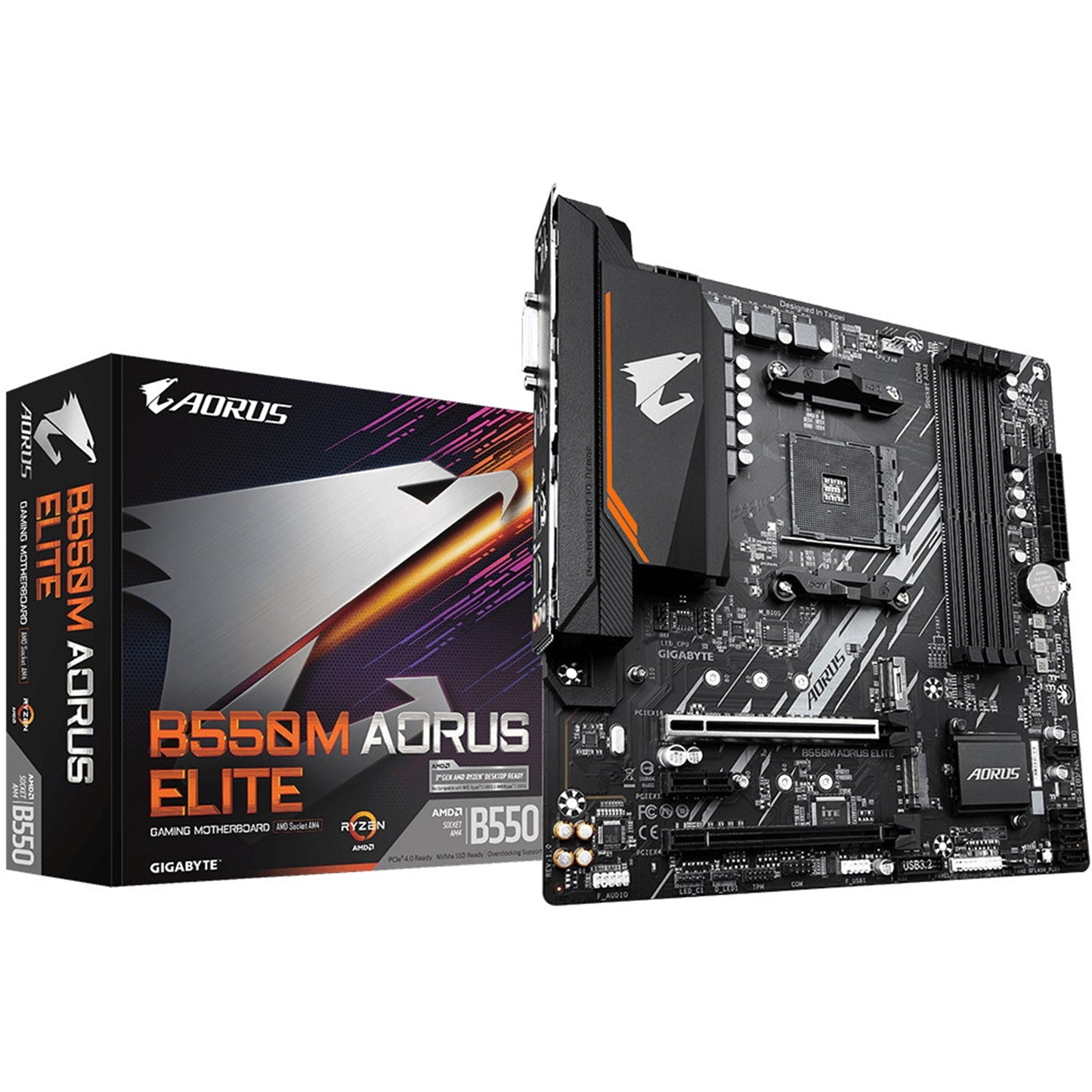Gigabyte, Gigabyte B550M AORUS ELITE Ultra Durable AMD AM4 Socket Motherboard, Micro-ATX, 4x DDR4 Slots, 2x M.2 Sockets, Fitted I/O Shield, GbE LAN, 1x DVI-D / 1x HDMI Port, AMD B550, Micro ATX Form Factor; 24.4cm x 24.4cm