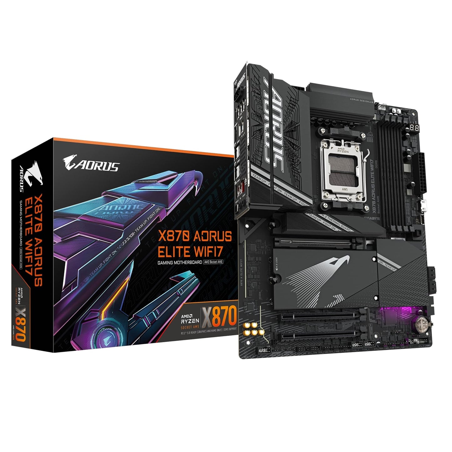 Gigabyte X870 AORUS ELITE WIFI7 AMD AM5 Socket Motherboard, ATX, 4x DDR5 Slots, 3x M.2 Sockets, 3x USB-C Port, Fitted I/O Shield, 2.5GbE LAN, Wi-Fi 7, 2x HDMI Port / 2x USB-C (USB4) - PC Gear UK