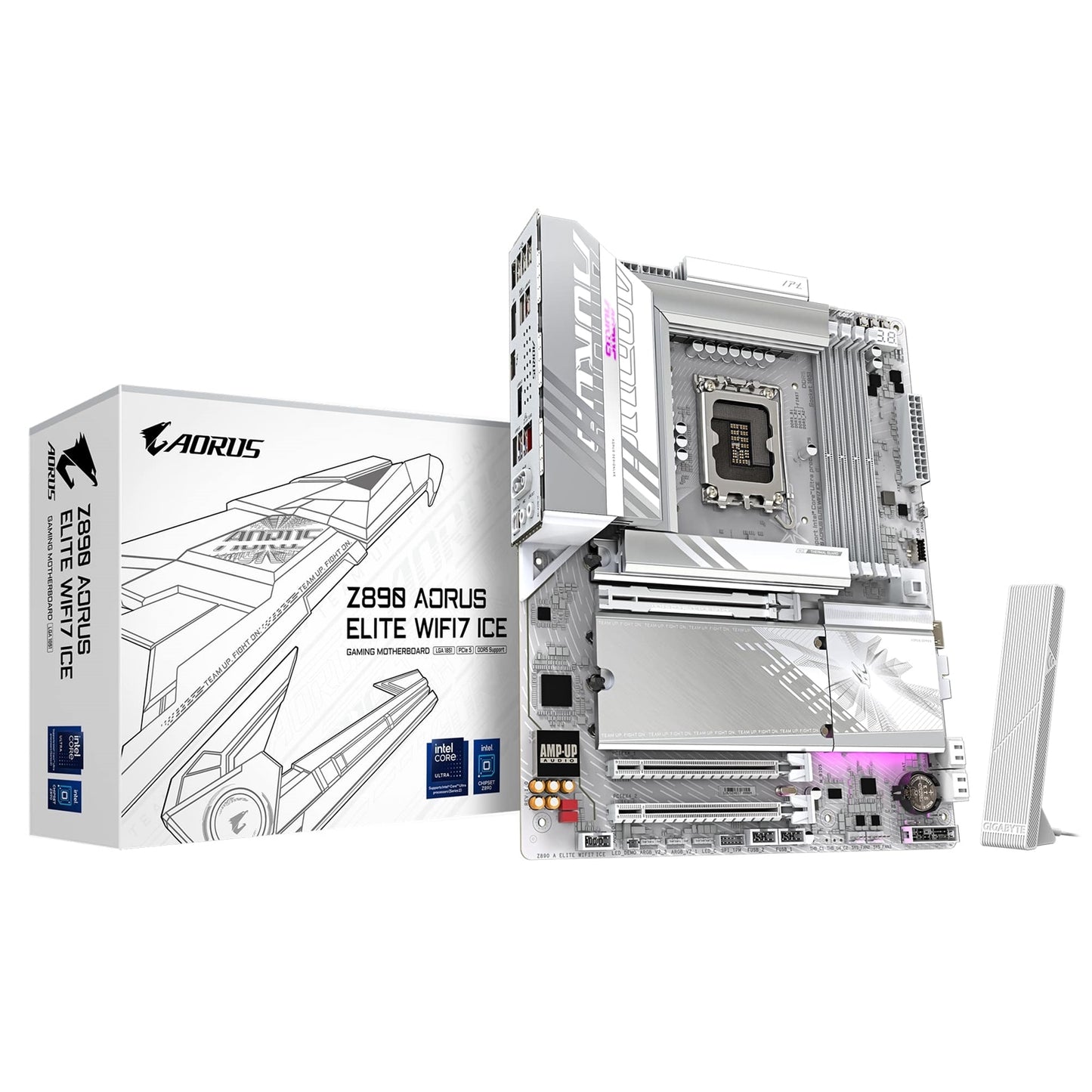 Gigabyte Z890 AORUS ELITE WIFI7 ICE Intel 1851 Socket Motherboard, ATX, 4x DDR5 Slots, 4x M.2 Sockets, 2x USB-C Port, Fitted I/O Shield, 2.5GbE LAN, Wi-Fi 7, 1x DisplayPort / 1x HDMI / 1x USB-C (USB4) - PC Gear UK